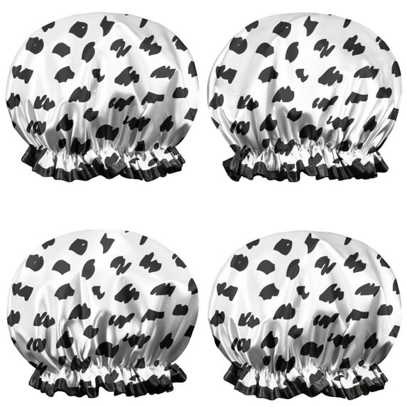 Shower Caps,White and Black Of Leopard Print Waterproof Shower Cap for Women 4 Pieces,Double Reusable Hair Cover for Shower PEVA Elastic Stretch Hem