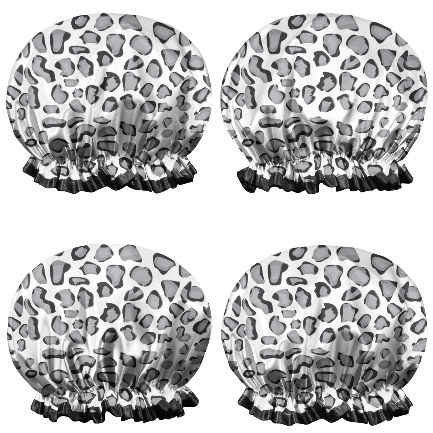 Shower Caps,White and Gray Of Leopard Print Waterproof Shower Cap for Women 4 Pieces,Double Reusable Hair Cover for Shower PEVA Elastic Stretch Hem