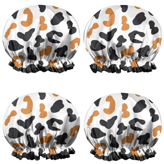 Shower Caps,White and Orange Of Leopard Print Waterproof Shower Cap for Women 4 Pieces,Double Reusable Hair Cover for Shower PEVA Elastic Stretch Hem
