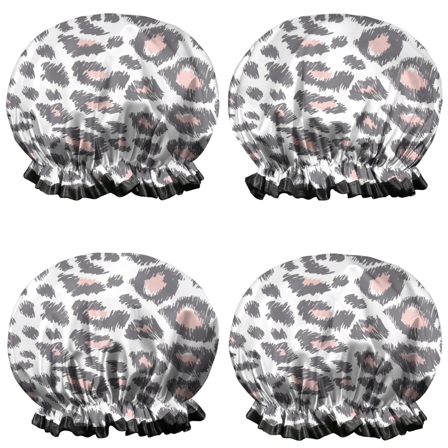 Shower Caps,White and Pink Of Leopard Print Waterproof Shower Cap for Women 4 Pieces,Double Reusable Hair Cover for Shower PEVA Elastic Stretch Hem