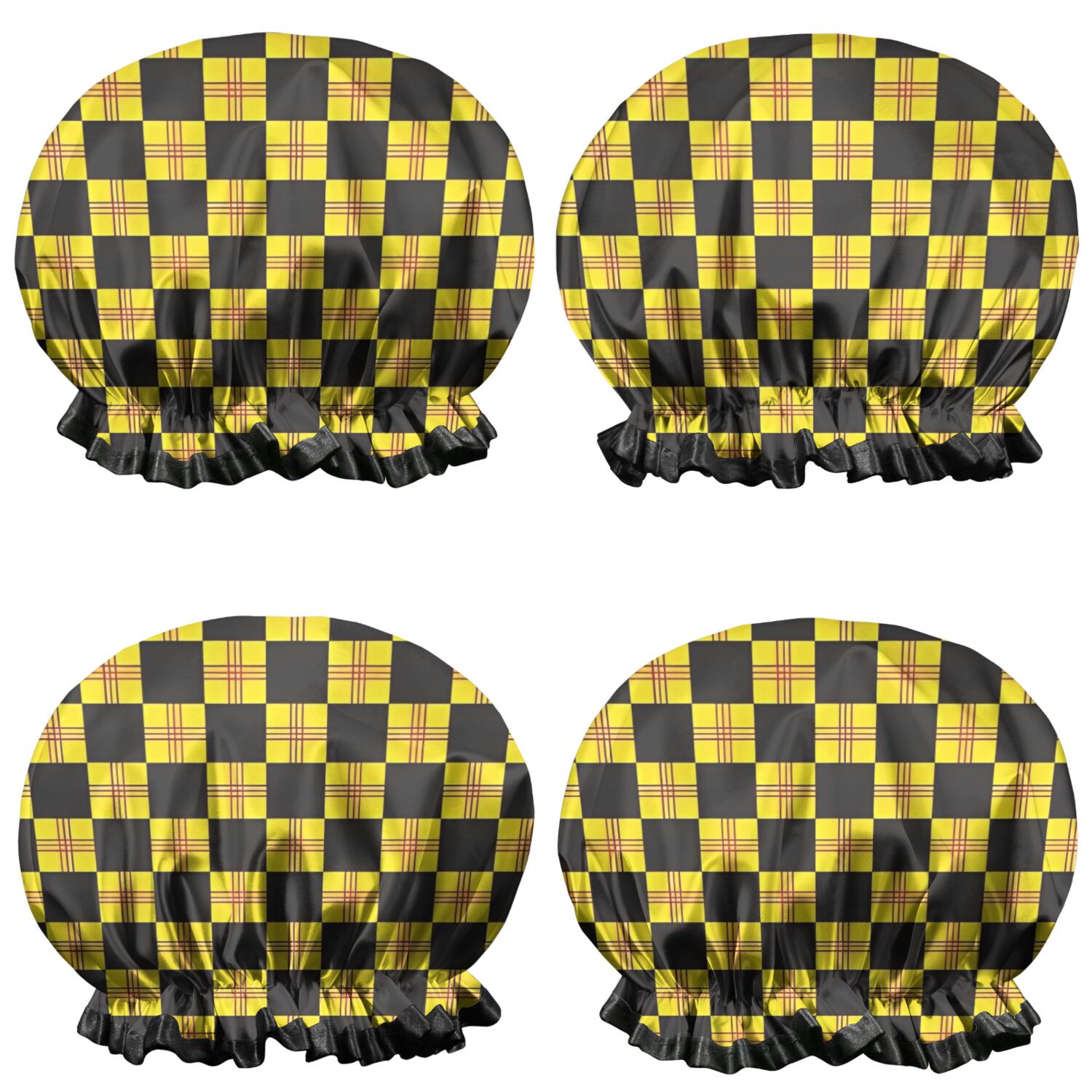 Shower Caps,Yellow and Black Checkerboard Checkered Pattern Waterproof Shower Cap for Women 4 Pieces,Double Reusable Hair Cover for Shower PEVA Elastic Stretch Hem