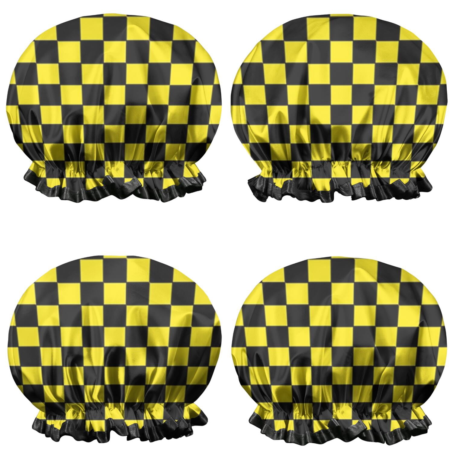 Shower Caps,Yellow and Black Checkered Pattern Waterproof Shower Cap for Women 4 Pieces,Double Reusable Hair Cover for Shower PEVA Elastic Stretch Hem