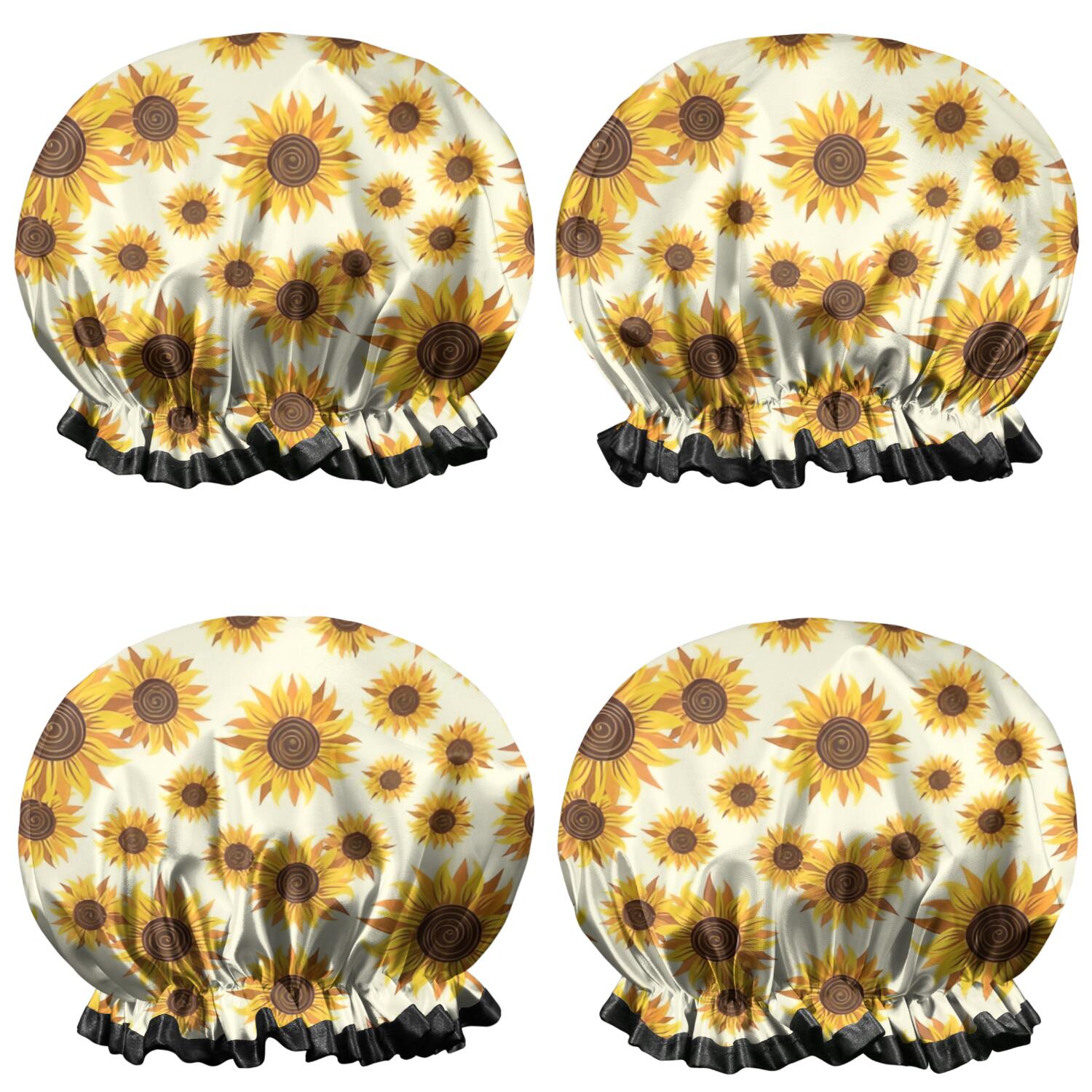 Shower Caps,Yellow Brown Sunflower Pattern Waterproof Shower Cap for Women 4 Pieces,Double Reusable Hair Cover for Shower PEVA Elastic Stretch Hem