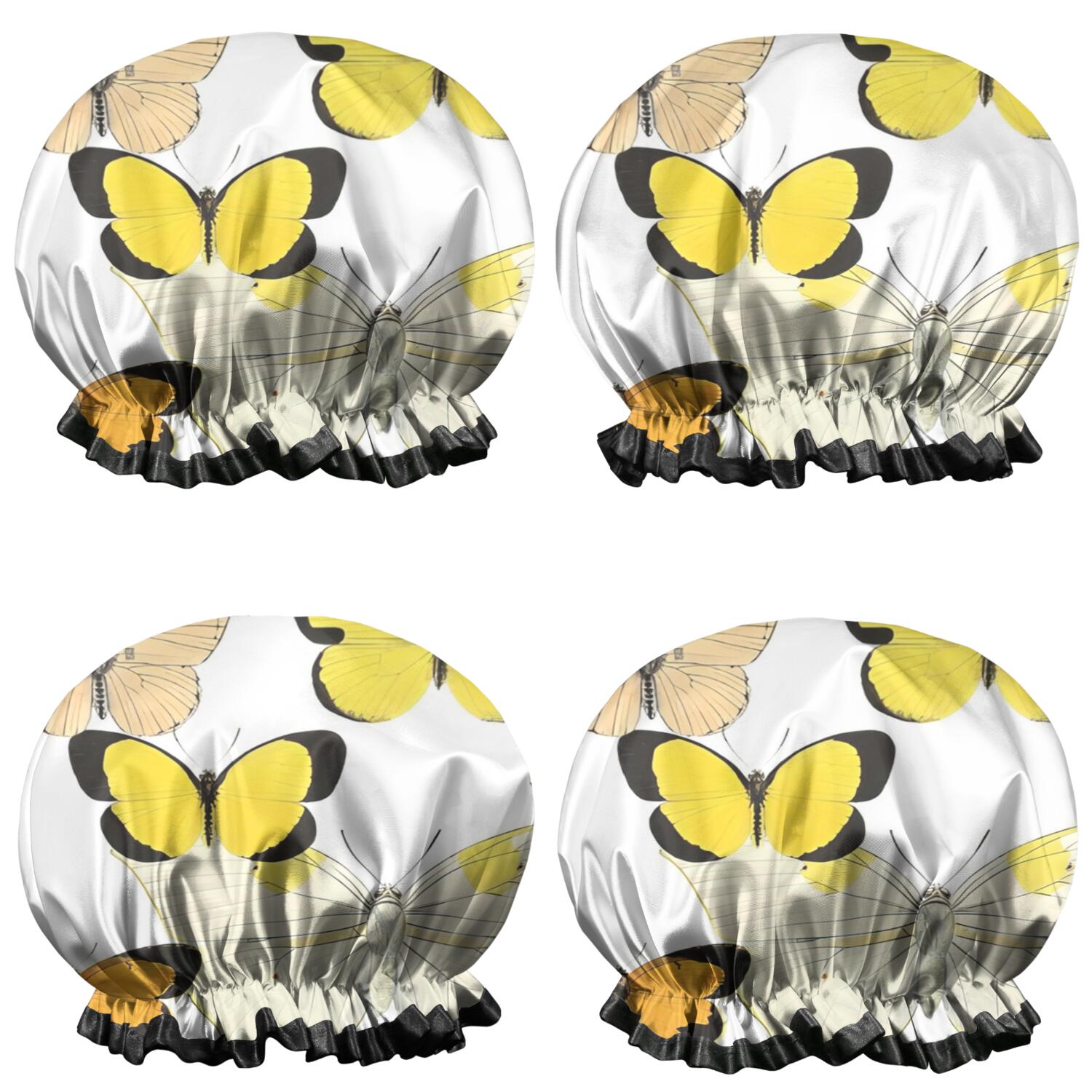 Shower Caps,Yellow Butterfly Pattern Waterproof Shower Cap for Women 4 Pieces,Double Reusable Hair Cover for Shower PEVA Elastic Stretch Hem