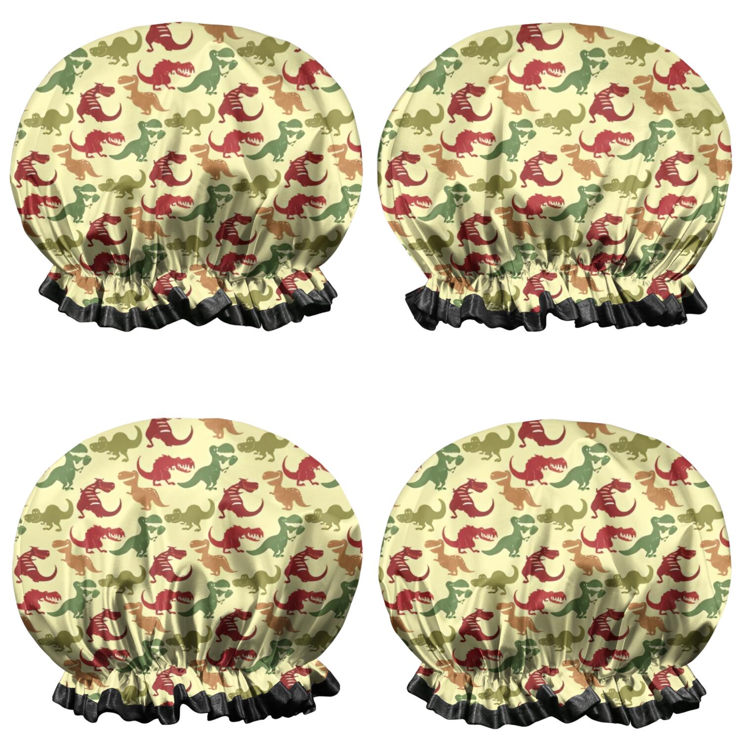 Shower Caps,Yellow Cartoon Dinosaurs Pattern Waterproof Shower Cap for Women 4 Pieces,Double Reusable Hair Cover for Shower PEVA Elastic Stretch Hem