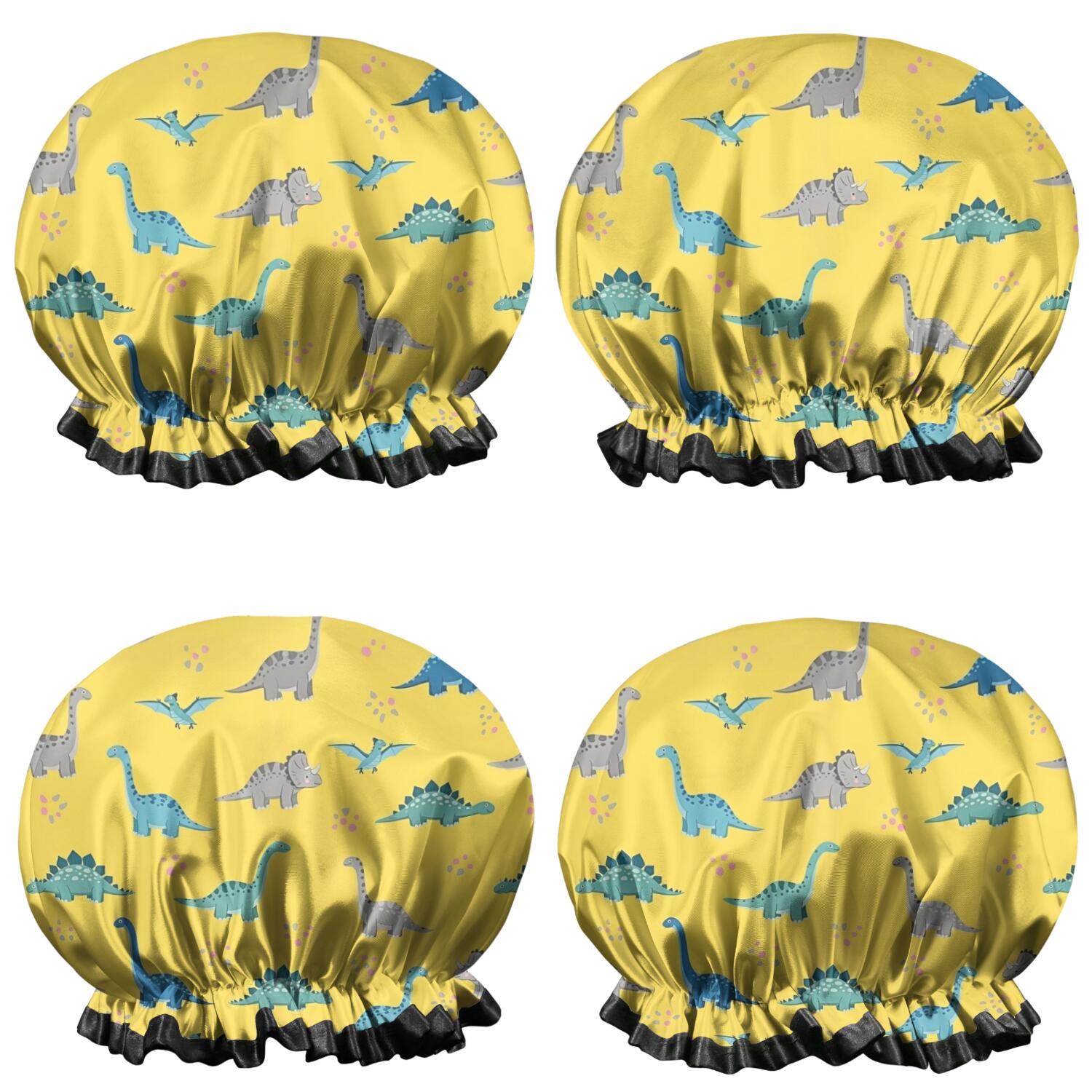Shower Caps,Yellow Cartoon Dinosaurs Pattern Waterproof Shower Cap for Women 4 Pieces,Double Reusable Hair Cover for Shower PEVA Elastic Stretch Hem