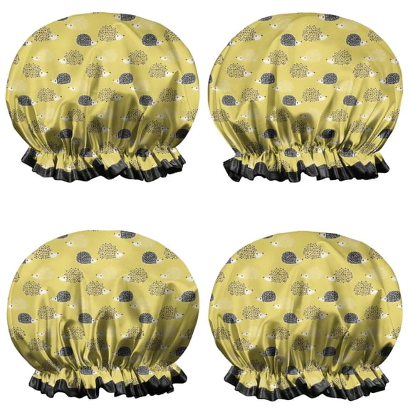 Shower Caps,Yellow Cute Hedgehog Waterproof Shower Cap for Women 4 Pieces,Double Reusable Hair Cover for Shower PEVA Elastic Stretch Hem
