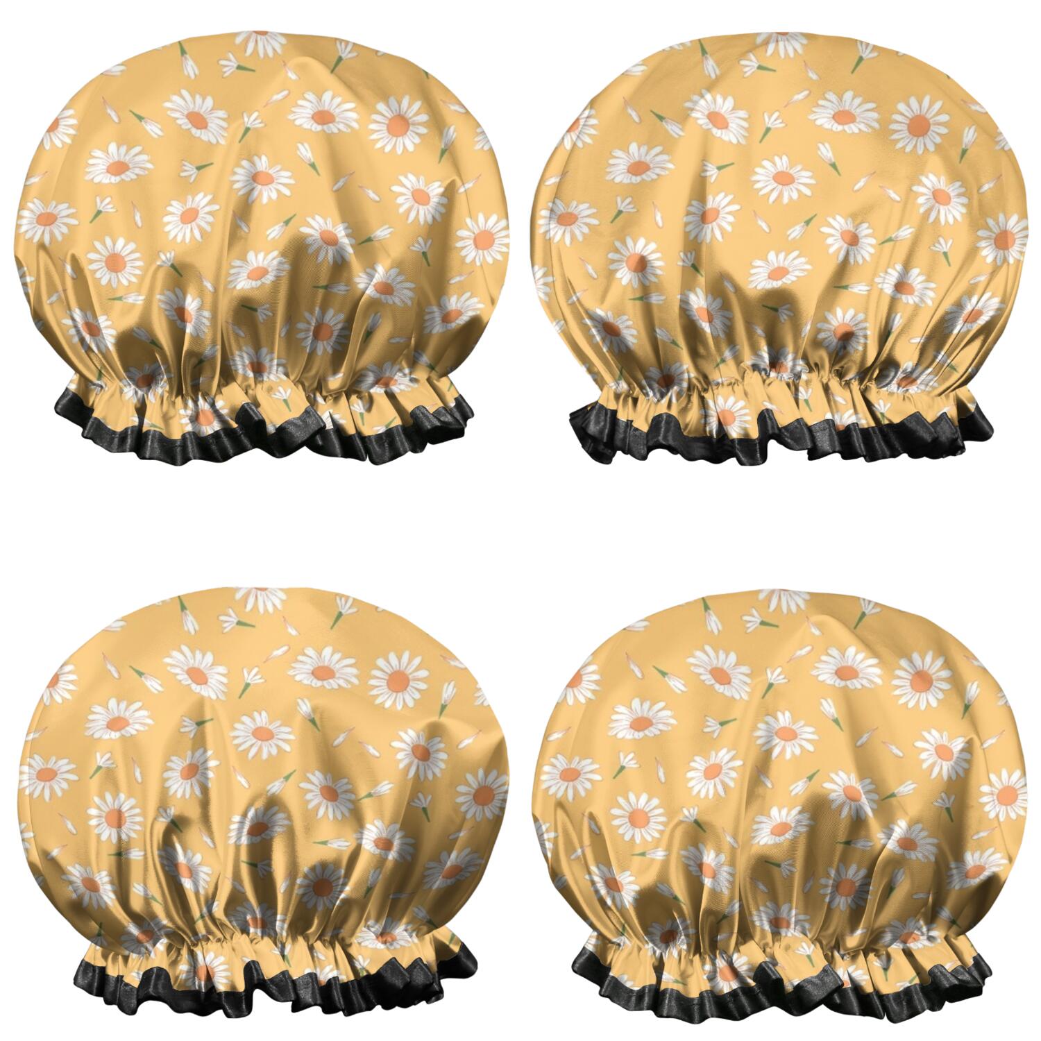 Shower Caps,Yellow Daisy Flower Retro Pattern Waterproof Shower Cap for Women 4 Pieces,Double Reusable Hair Cover for Shower PEVA Elastic Stretch Hem