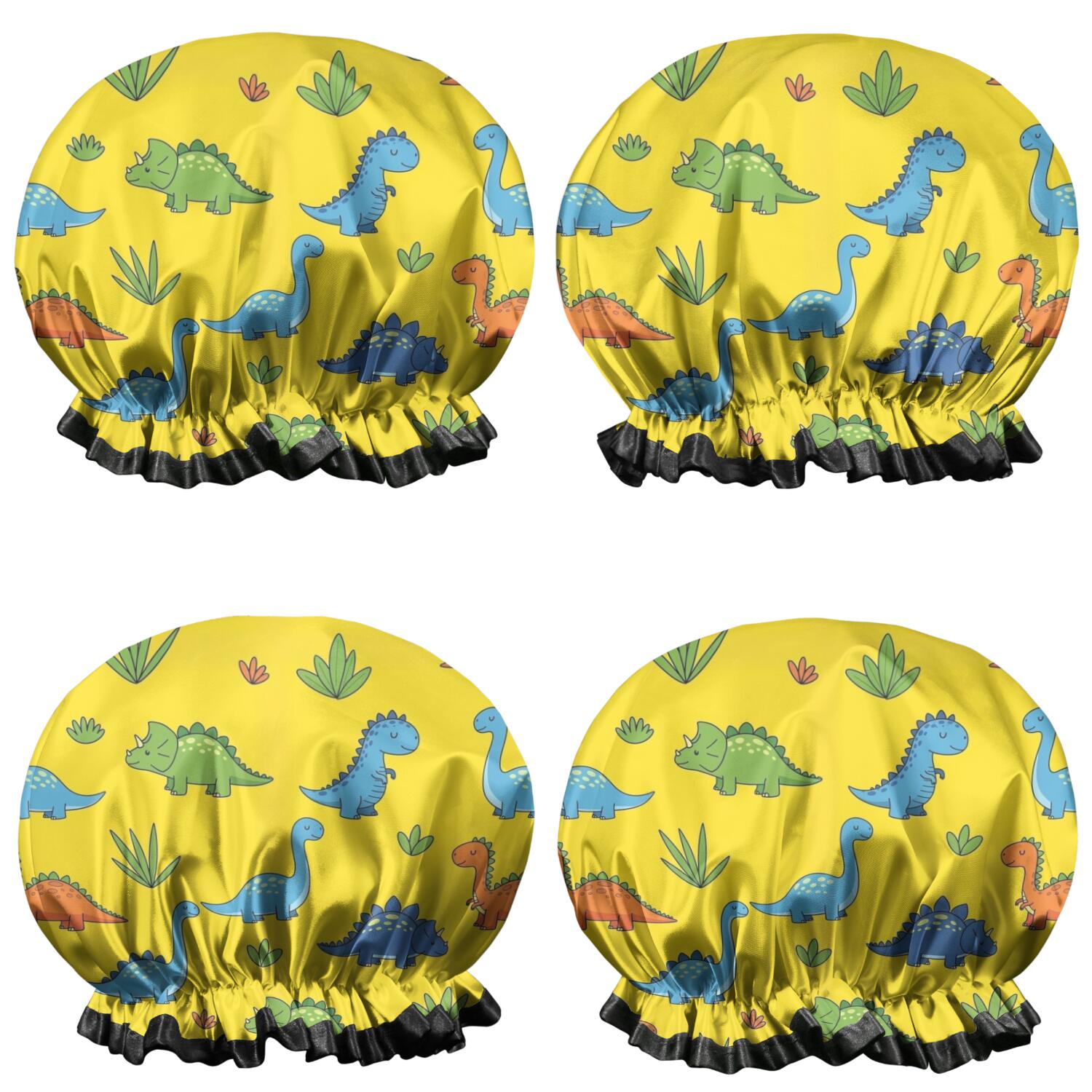 Shower Caps,Yellow Dinosaur Plant Pattern Waterproof Shower Cap for Women 4 Pieces,Double Reusable Hair Cover for Shower PEVA Elastic Stretch Hem