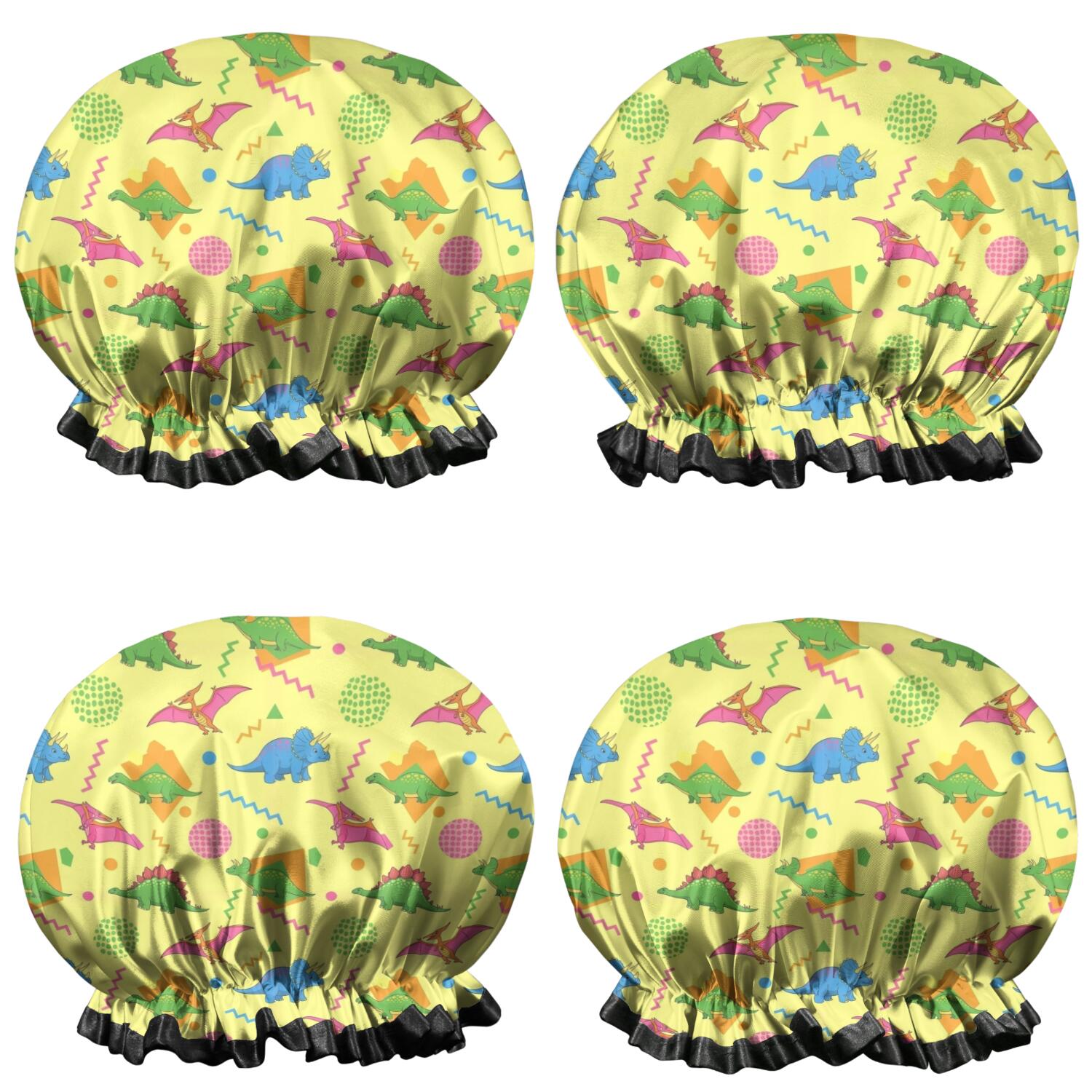 Shower Caps,Yellow Dinosaurs Geometric Pattern Waterproof Shower Cap for Women 4 Pieces,Double Reusable Hair Cover for Shower PEVA Elastic Stretch Hem