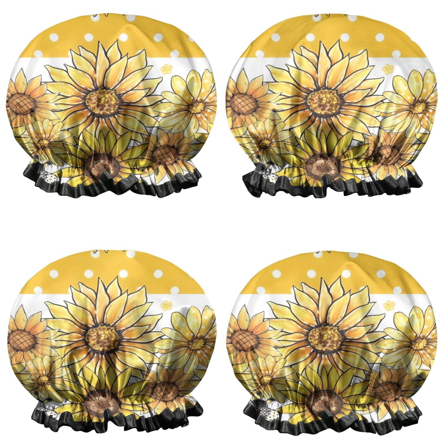 Shower Caps,Yellow Dot Sunflower Bee Pattern Waterproof Shower Cap for Women 4 Pieces,Double Reusable Hair Cover for Shower PEVA Elastic Stretch Hem