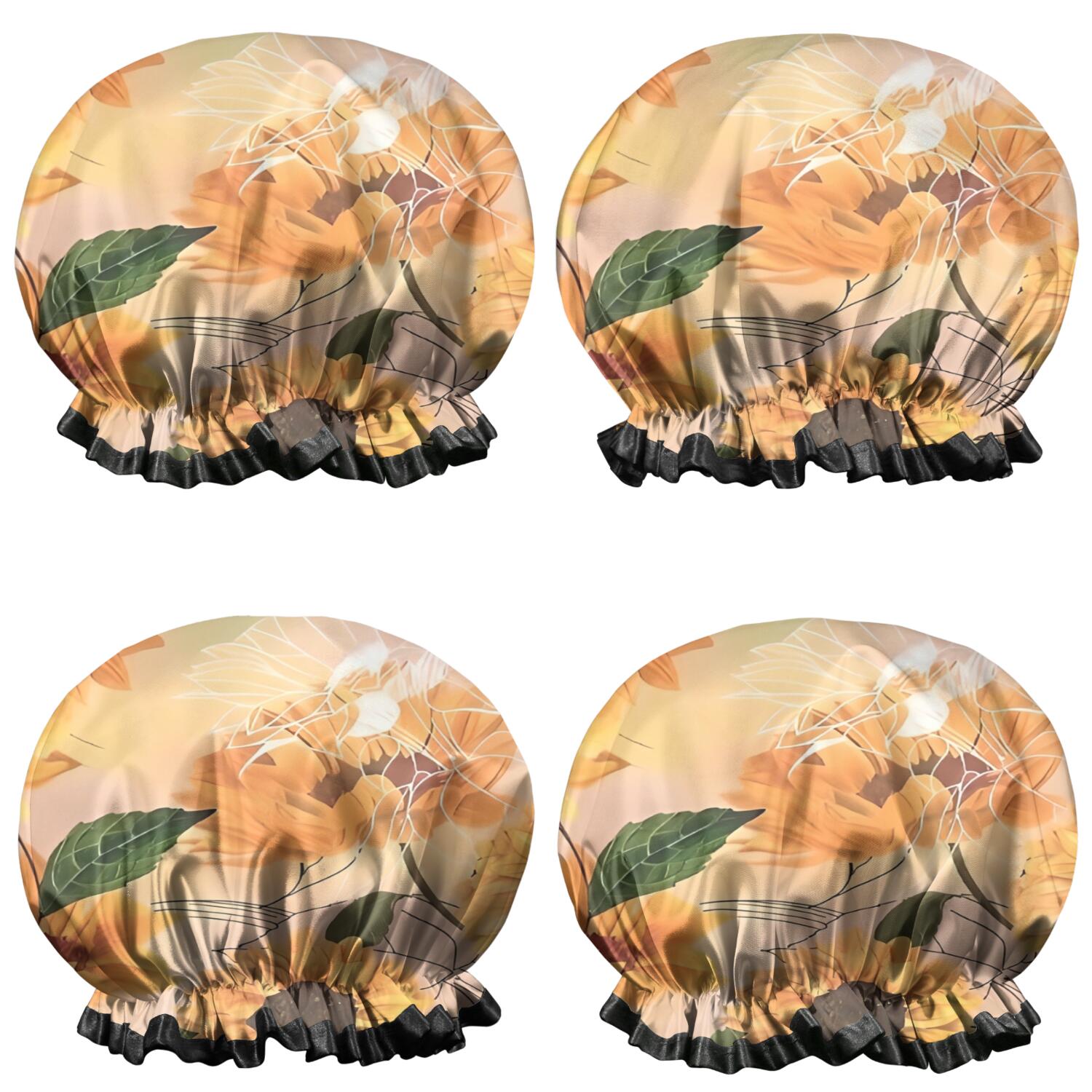 Shower Caps,Yellow Green Leaf Sunflower Pattern Waterproof Shower Cap for Women 4 Pieces,Double Reusable Hair Cover for Shower PEVA Elastic Stretch Hem