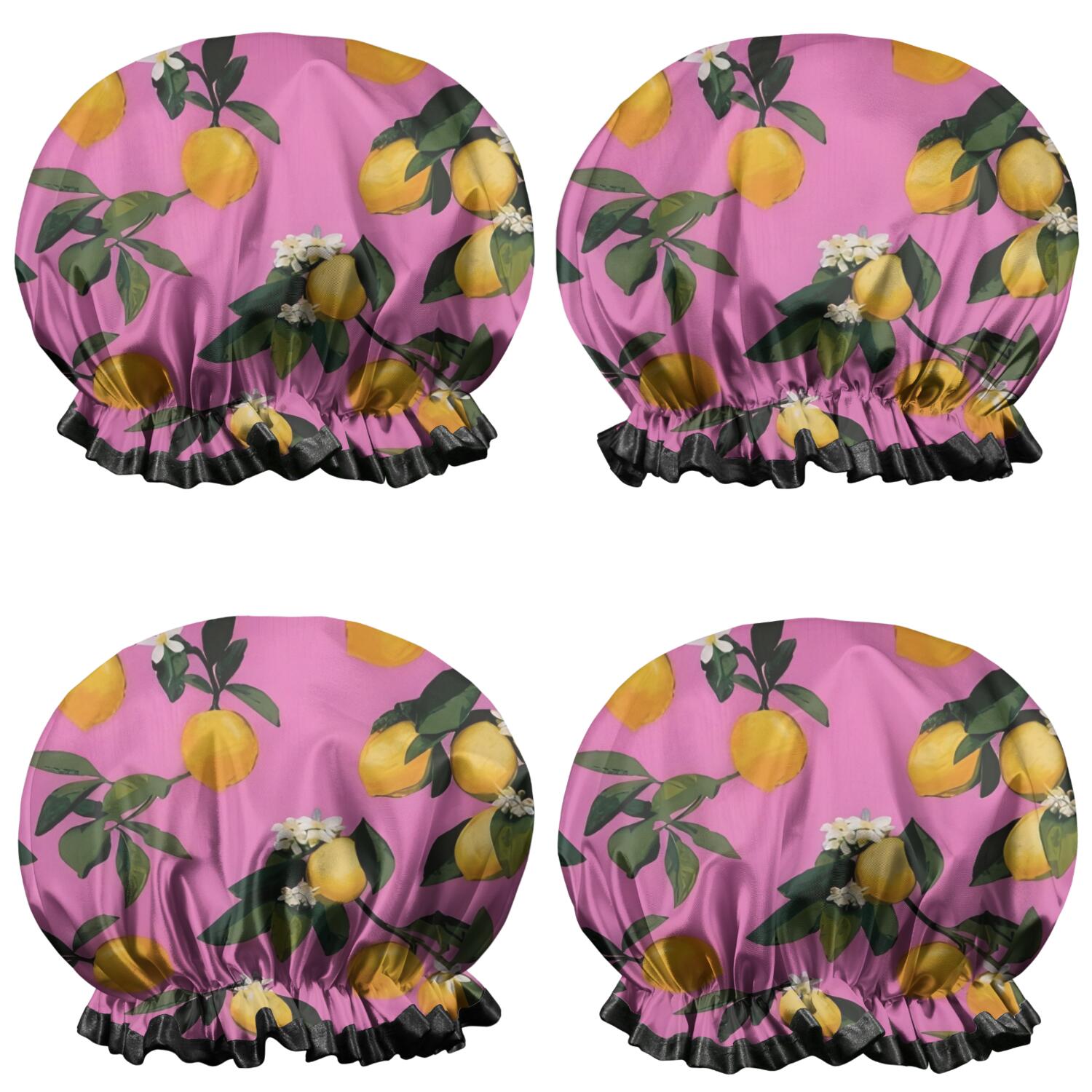 Shower Caps,Yellow Lemon Flowers Pink Pattern Waterproof Shower Cap for Women 4 Pieces,Double Reusable Hair Cover for Shower PEVA Elastic Stretch Hem