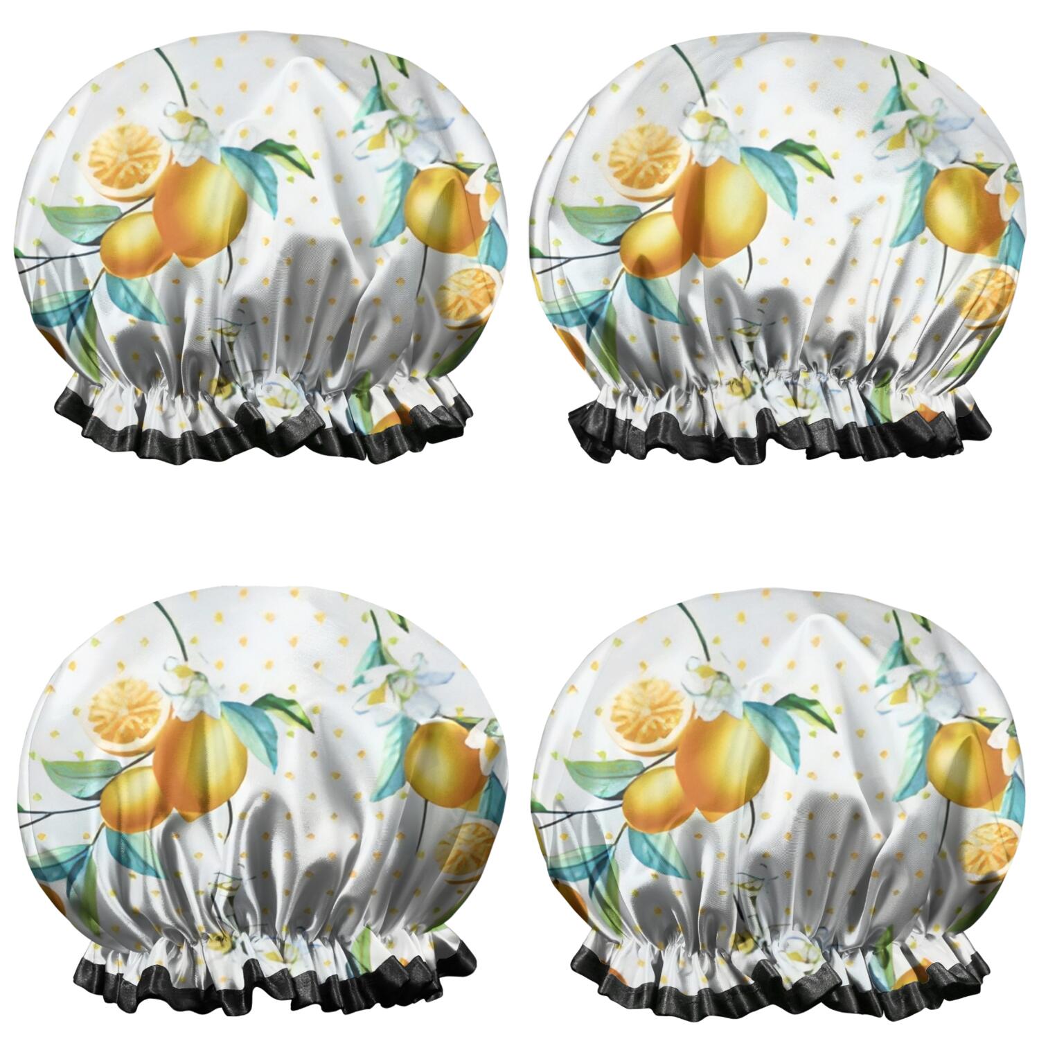 Shower Caps,Yellow Lemon Flowers White Pattern Waterproof Shower Cap for Women 4 Pieces,Double Reusable Hair Cover for Shower PEVA Elastic Stretch Hem