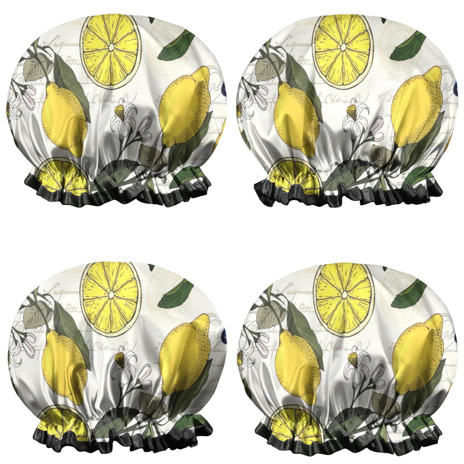 Shower Caps,Yellow Lemon Fruit Berries Beige Pattern Waterproof Shower Cap for Women 4 Pieces,Double Reusable Hair Cover for Shower PEVA Elastic Stretch Hem
