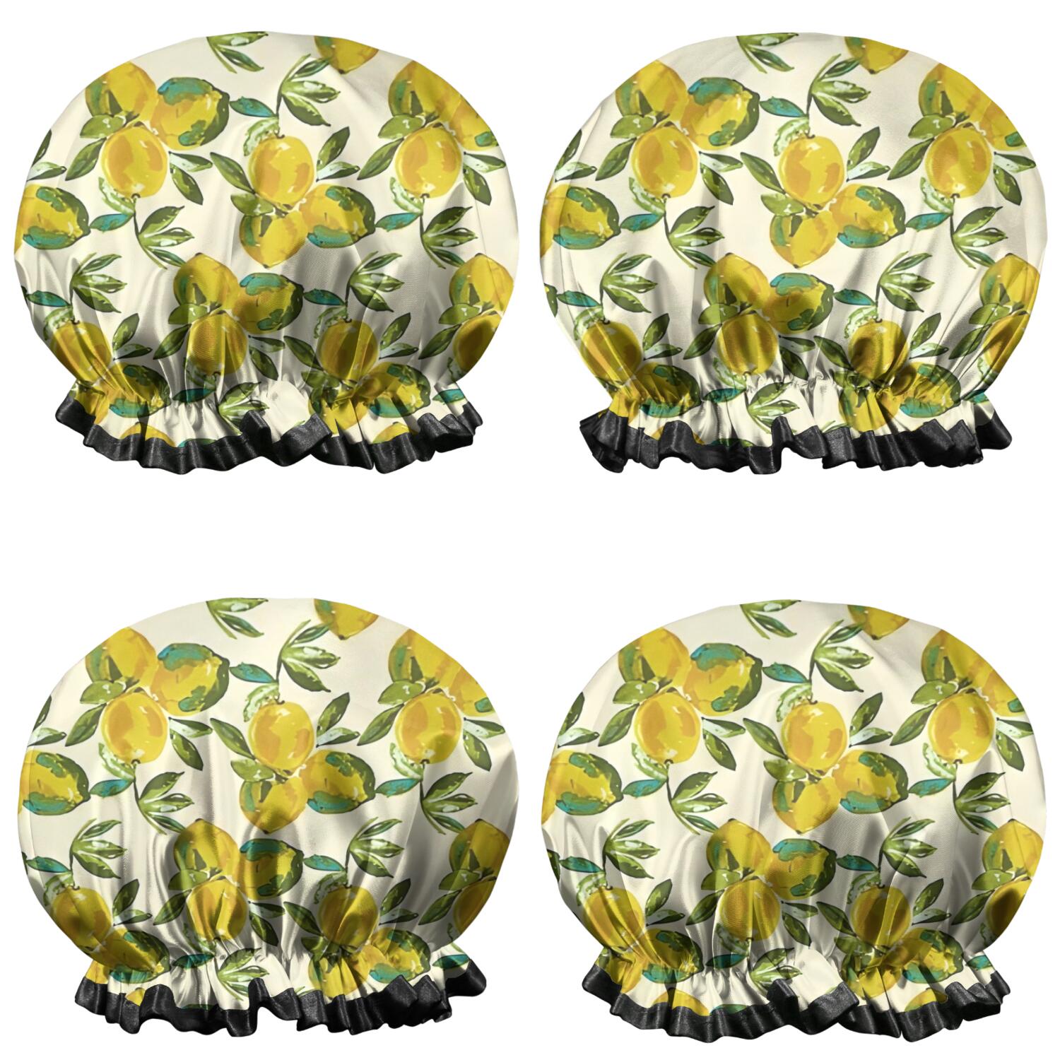 Shower Caps,Yellow Lemon Fruit Clusters White Pattern Waterproof Shower Cap for Women 4 Pieces,Double Reusable Hair Cover for Shower PEVA Elastic Stretch Hem