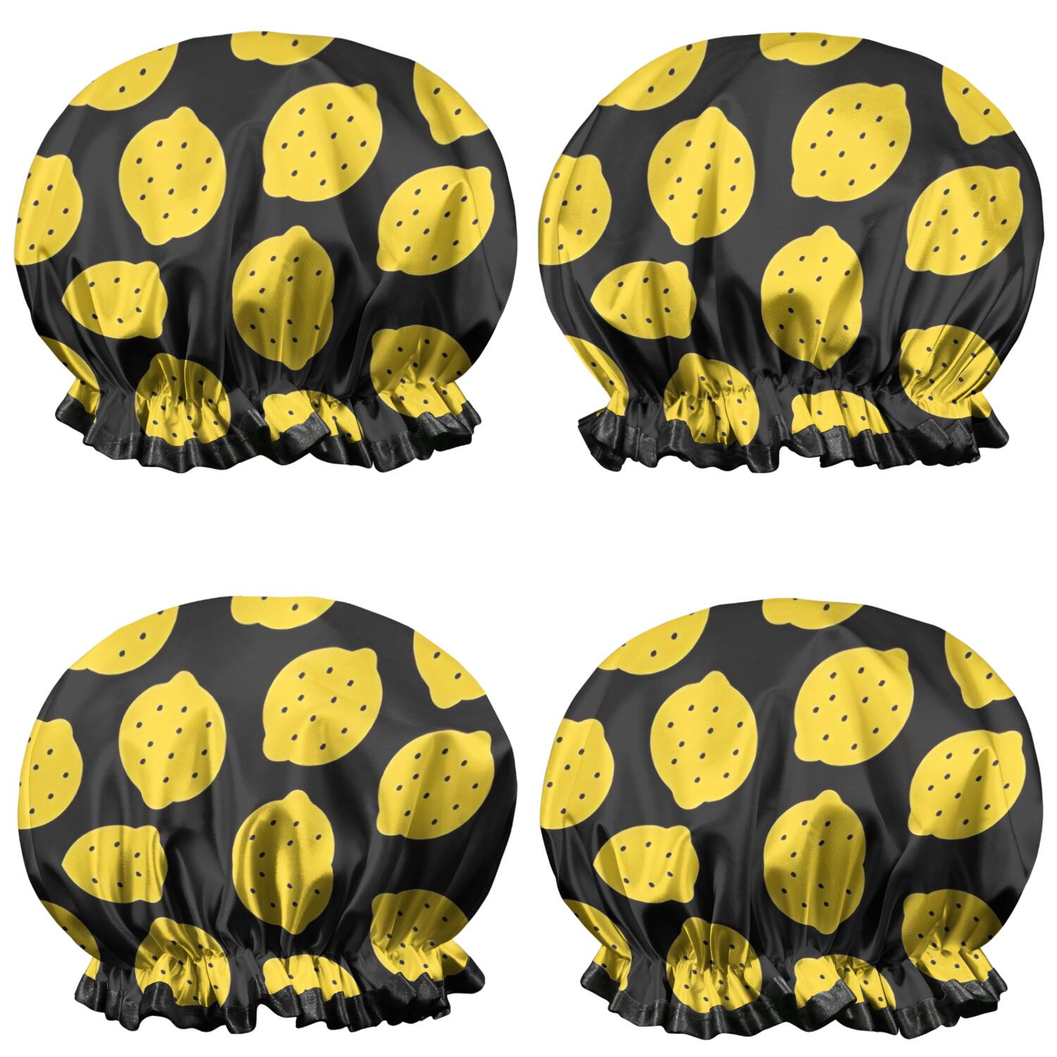Shower Caps,Yellow Lemon Fruit Dots Black Pattern Waterproof Shower Cap for Women 4 Pieces,Double Reusable Hair Cover for Shower PEVA Elastic Stretch Hem