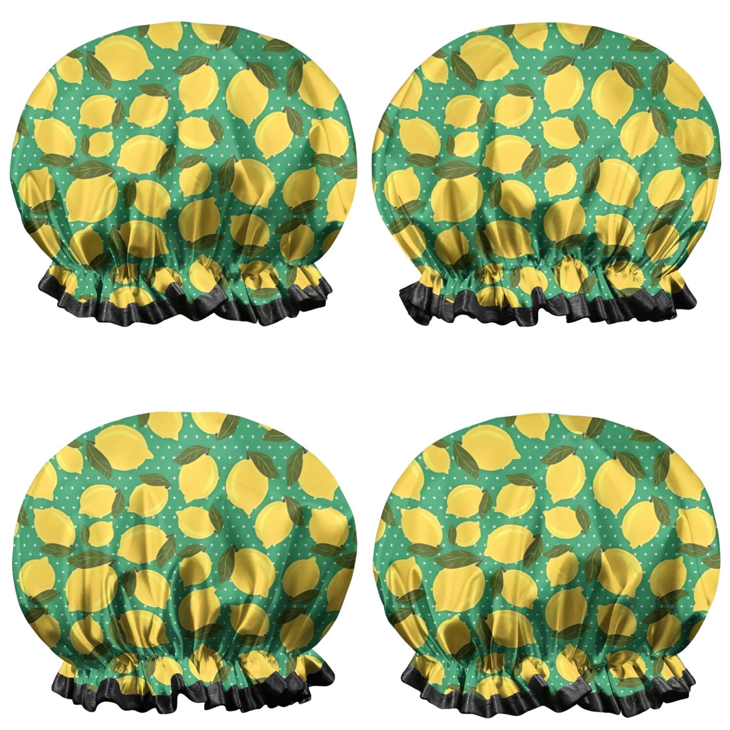 Shower Caps,Yellow Lemon Fruit Dots Green Pattern Waterproof Shower Cap for Women 4 Pieces,Double Reusable Hair Cover for Shower PEVA Elastic Stretch Hem