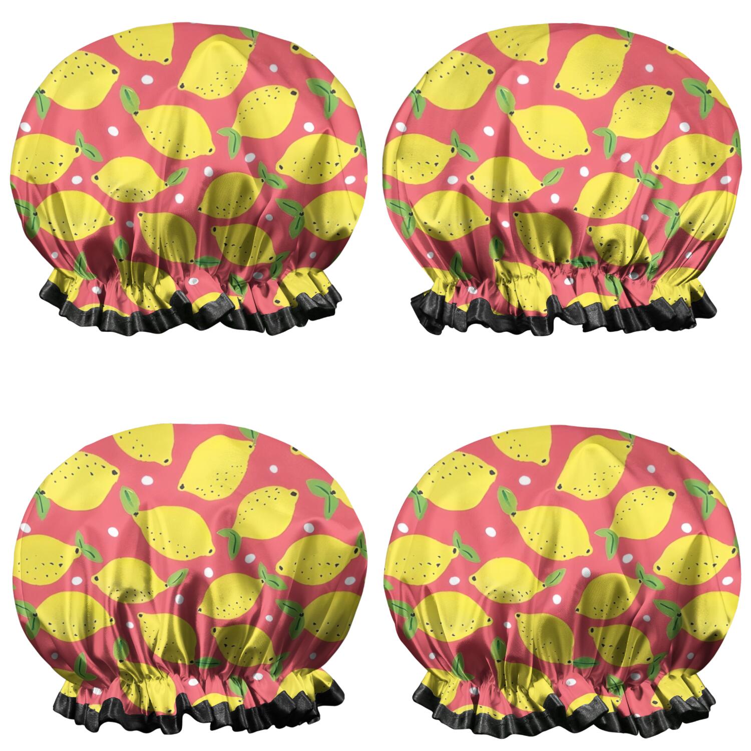 Shower Caps,Yellow Lemon Fruit Dots Red Pattern Waterproof Shower Cap for Women 4 Pieces,Double Reusable Hair Cover for Shower PEVA Elastic Stretch Hem