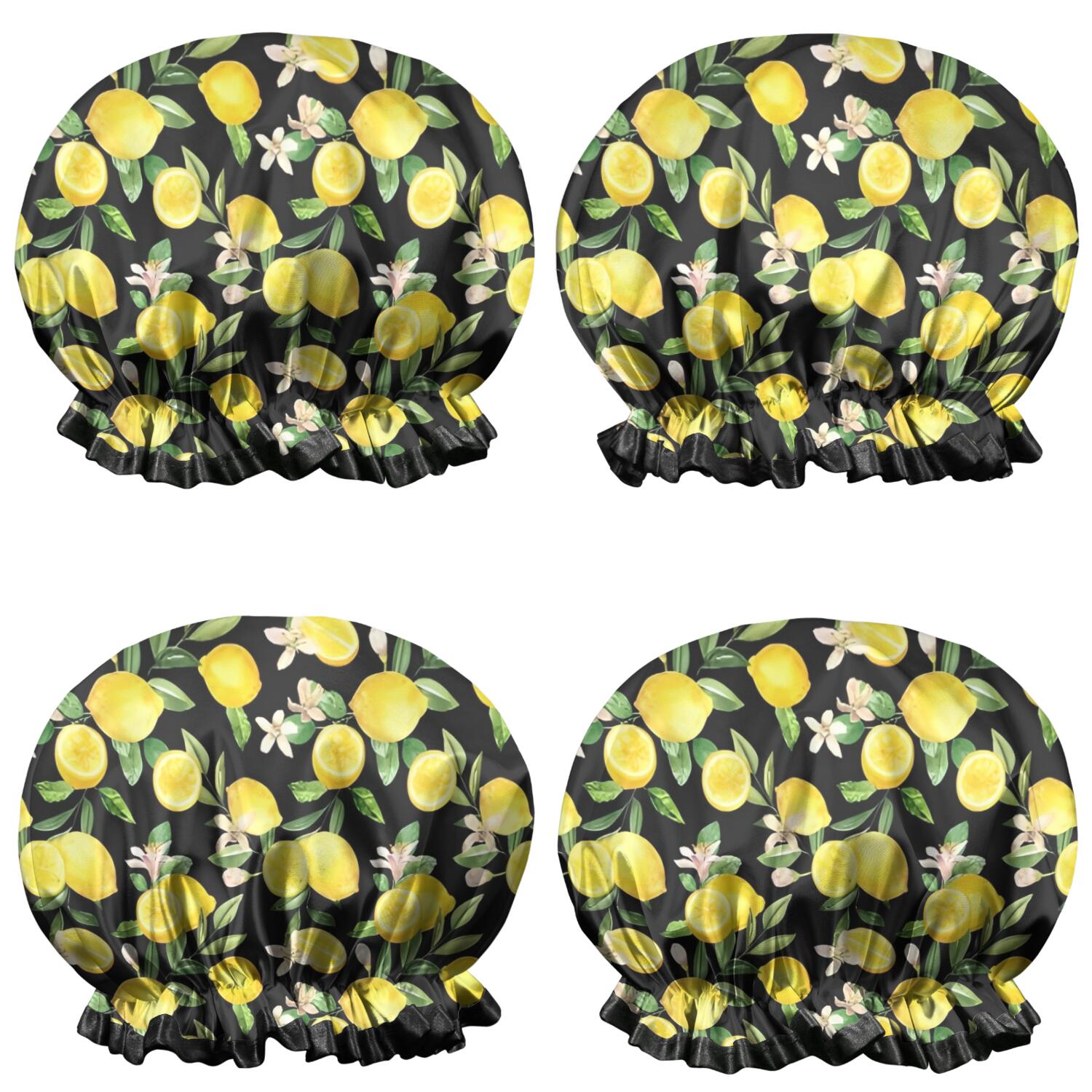 Shower Caps,Yellow Lemon Fruit Flowers Black Pattern Waterproof Shower Cap for Women 4 Pieces,Double Reusable Hair Cover for Shower PEVA Elastic Stretch Hem