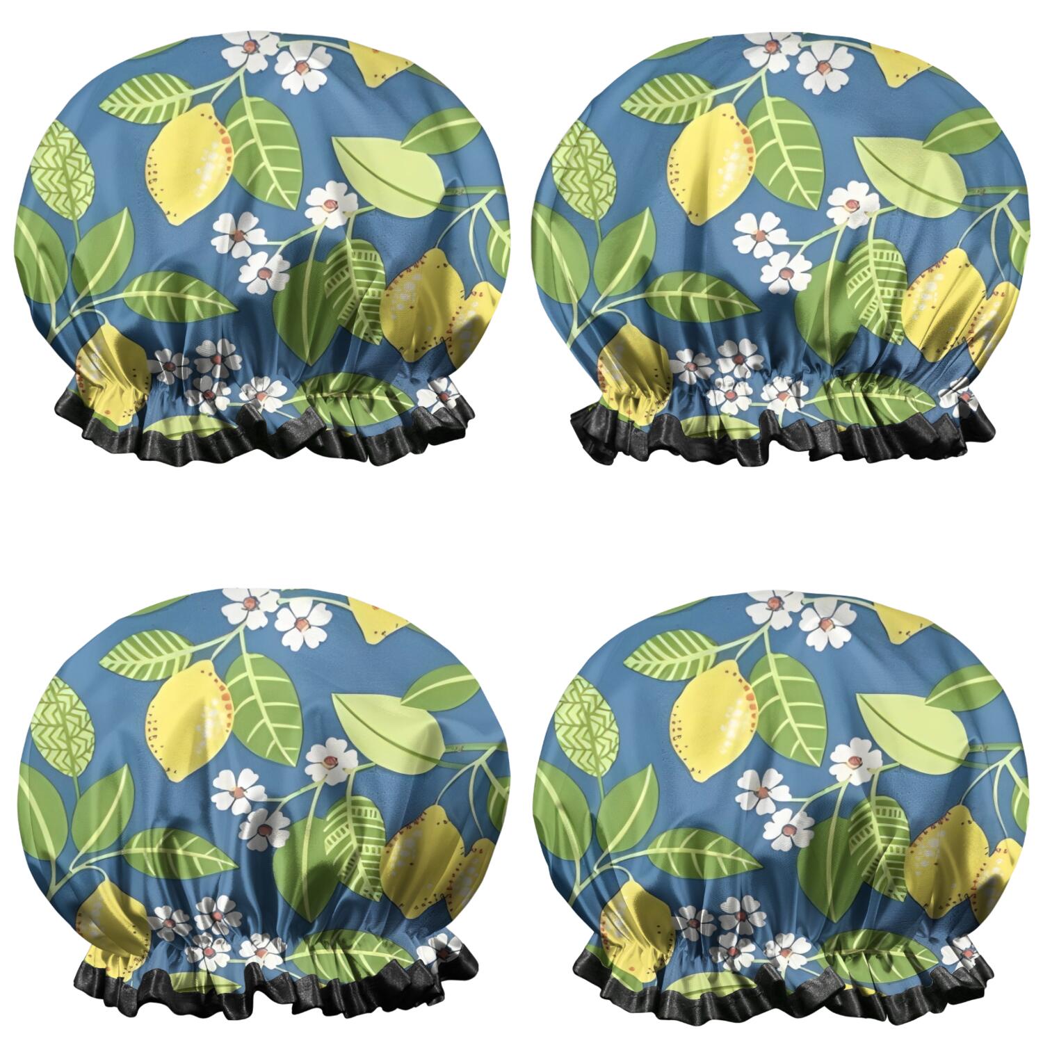 Shower Caps,Yellow Lemon Fruit Flowers Blue Pattern Waterproof Shower Cap for Women 4 Pieces,Double Reusable Hair Cover for Shower PEVA Elastic Stretch Hem