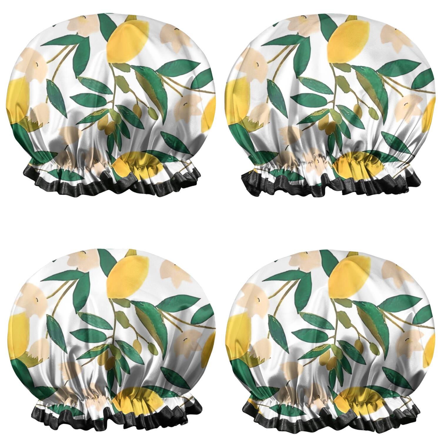 Shower Caps,Yellow Lemon Fruit Flowers White Pattern Waterproof Shower Cap for Women 4 Pieces,Double Reusable Hair Cover for Shower PEVA Elastic Stretch Hem