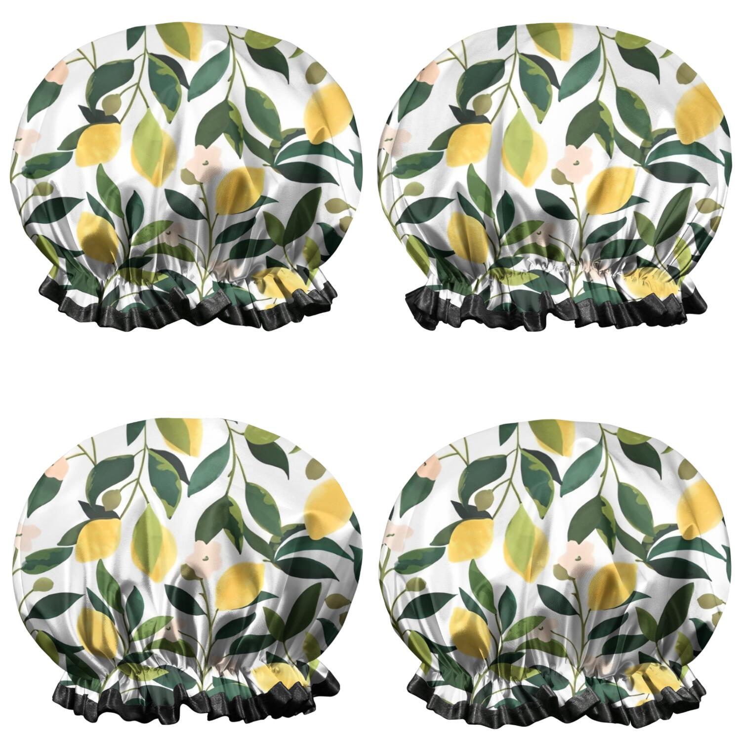 Shower Caps,Yellow Lemon Fruit Flowers White Pattern Waterproof Shower Cap for Women 4 Pieces,Double Reusable Hair Cover for Shower PEVA Elastic Stretch Hem