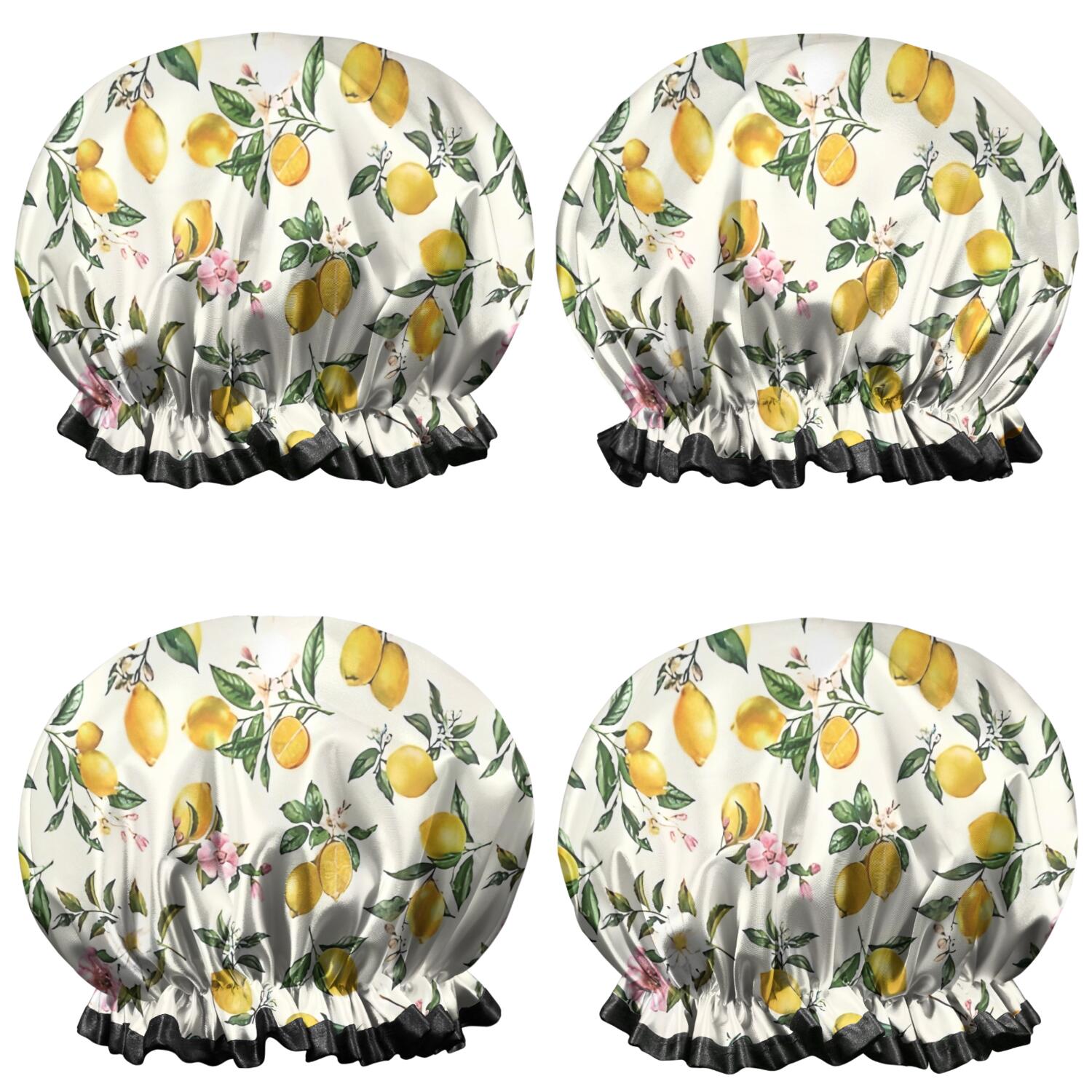 Shower Caps,Yellow Lemon Fruit Flowers Yellow Pattern Waterproof Shower Cap for Women 4 Pieces,Double Reusable Hair Cover for Shower PEVA Elastic Stretch Hem