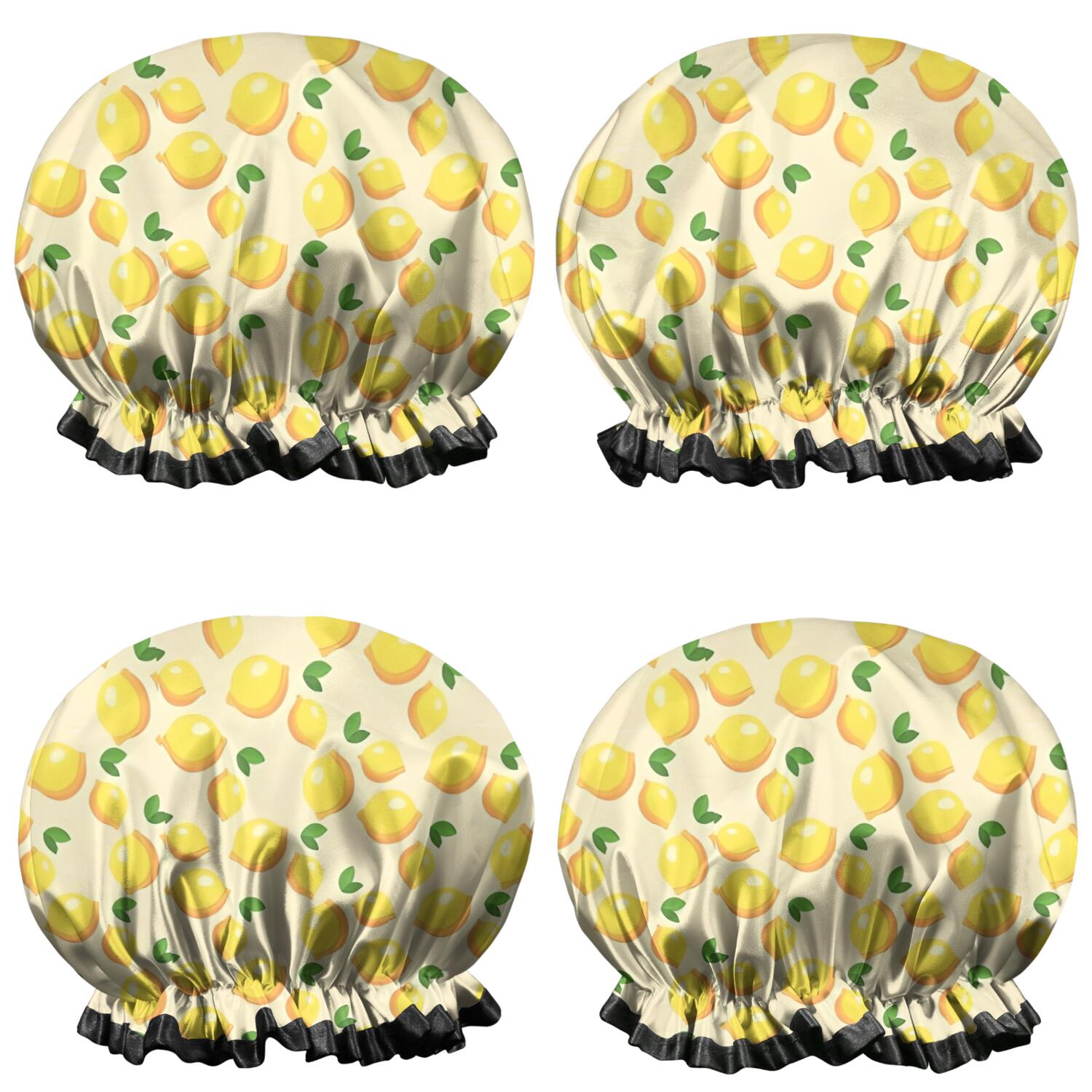 Shower Caps,Yellow Lemon Fruit Leaves Beige Pattern Waterproof Shower Cap for Women 4 Pieces,Double Reusable Hair Cover for Shower PEVA Elastic Stretch Hem