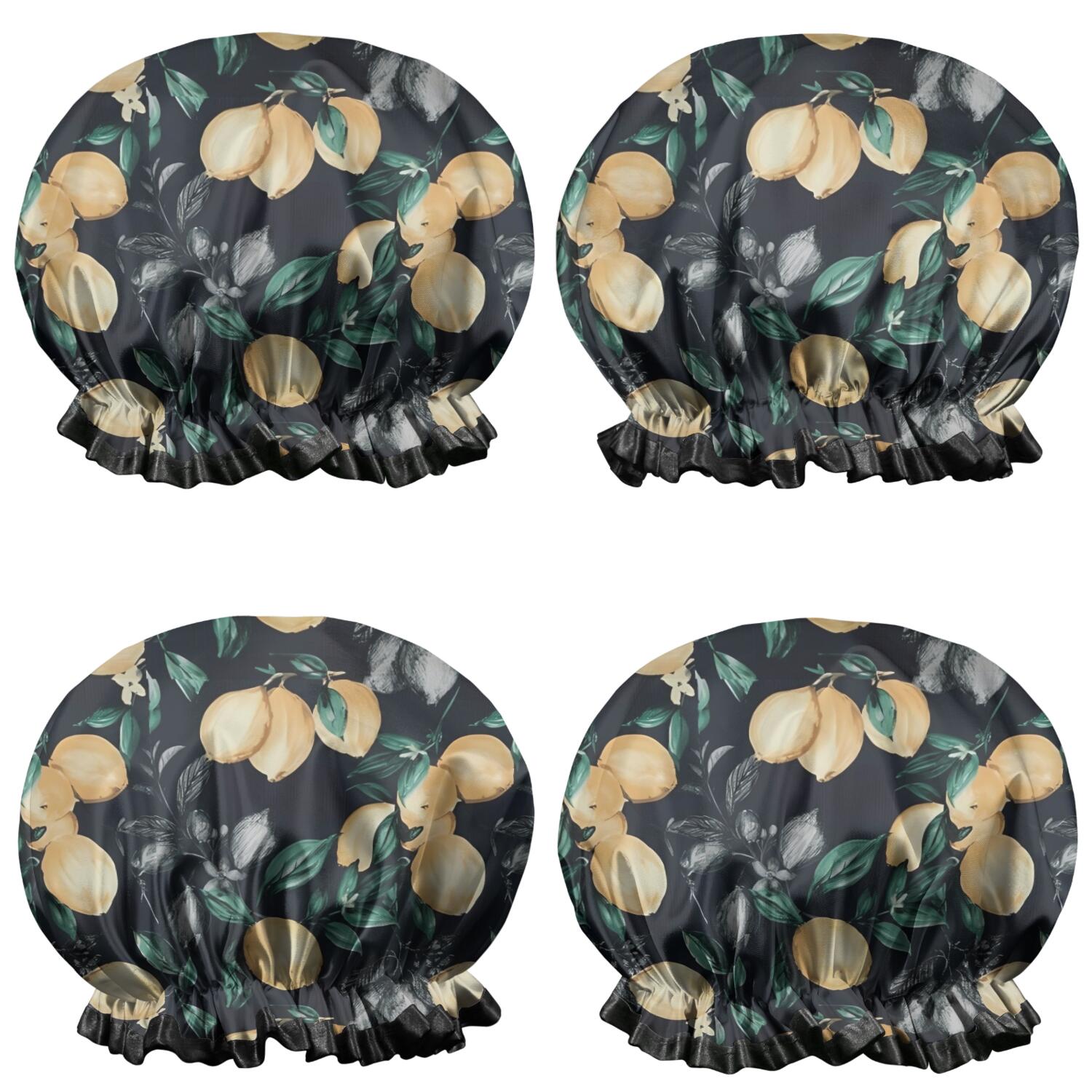 Shower Caps,Yellow Lemon Fruit Leaves Black Pattern Waterproof Shower Cap for Women 4 Pieces,Double Reusable Hair Cover for Shower PEVA Elastic Stretch Hem
