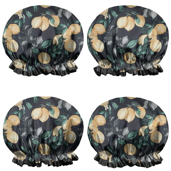 Shower Caps,Yellow Lemon Fruit Leaves Black Pattern Waterproof Shower Cap for Women 4 Pieces,Double Reusable Hair Cover for Shower PEVA Elastic Stretch Hem