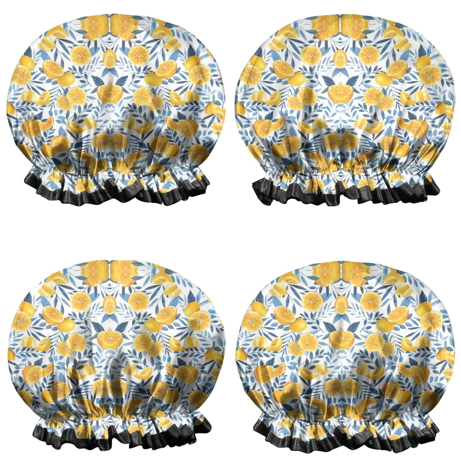 Shower Caps,Yellow Lemon Fruit Leaves Blue Pattern Waterproof Shower Cap for Women 4 Pieces,Double Reusable Hair Cover for Shower PEVA Elastic Stretch Hem