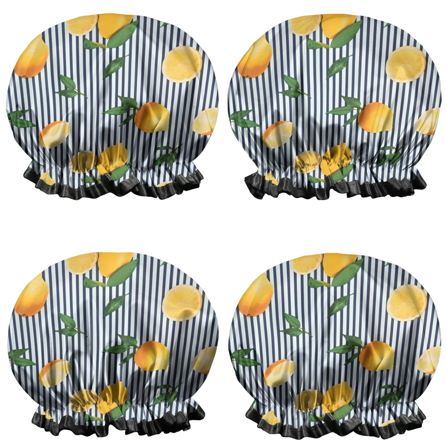 Shower Caps,Yellow Lemon Fruit Leaves Waterproof Shower Cap for Women 4 Pieces,Double Reusable Hair Cover for Shower PEVA Elastic Stretch Hem