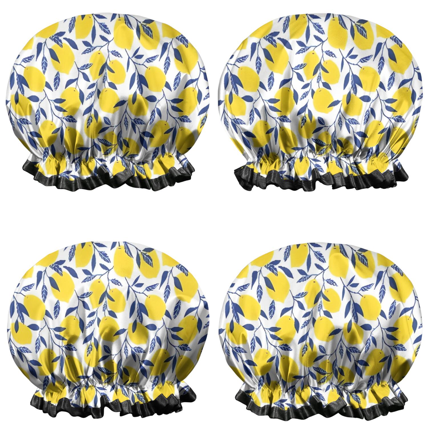 Shower Caps,Yellow Lemon Fruit Leaves White Pattern Waterproof Shower Cap for Women 4 Pieces,Double Reusable Hair Cover for Shower PEVA Elastic Stretch Hem