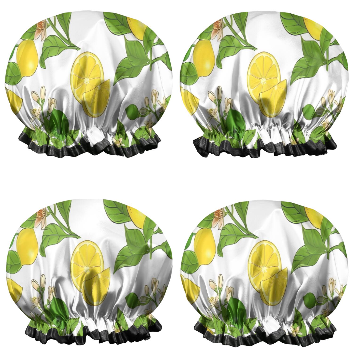 Shower Caps,Yellow Lemon Fruit Limes White Pattern Waterproof Shower Cap for Women 4 Pieces,Double Reusable Hair Cover for Shower PEVA Elastic Stretch Hem