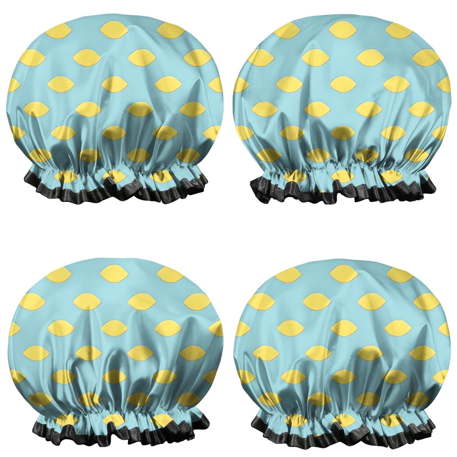Shower Caps,Yellow Lemon Fruit Shapes LightBlue Pattern Waterproof Shower Cap for Women 4 Pieces,Double Reusable Hair Cover for Shower PEVA Elastic Stretch Hem