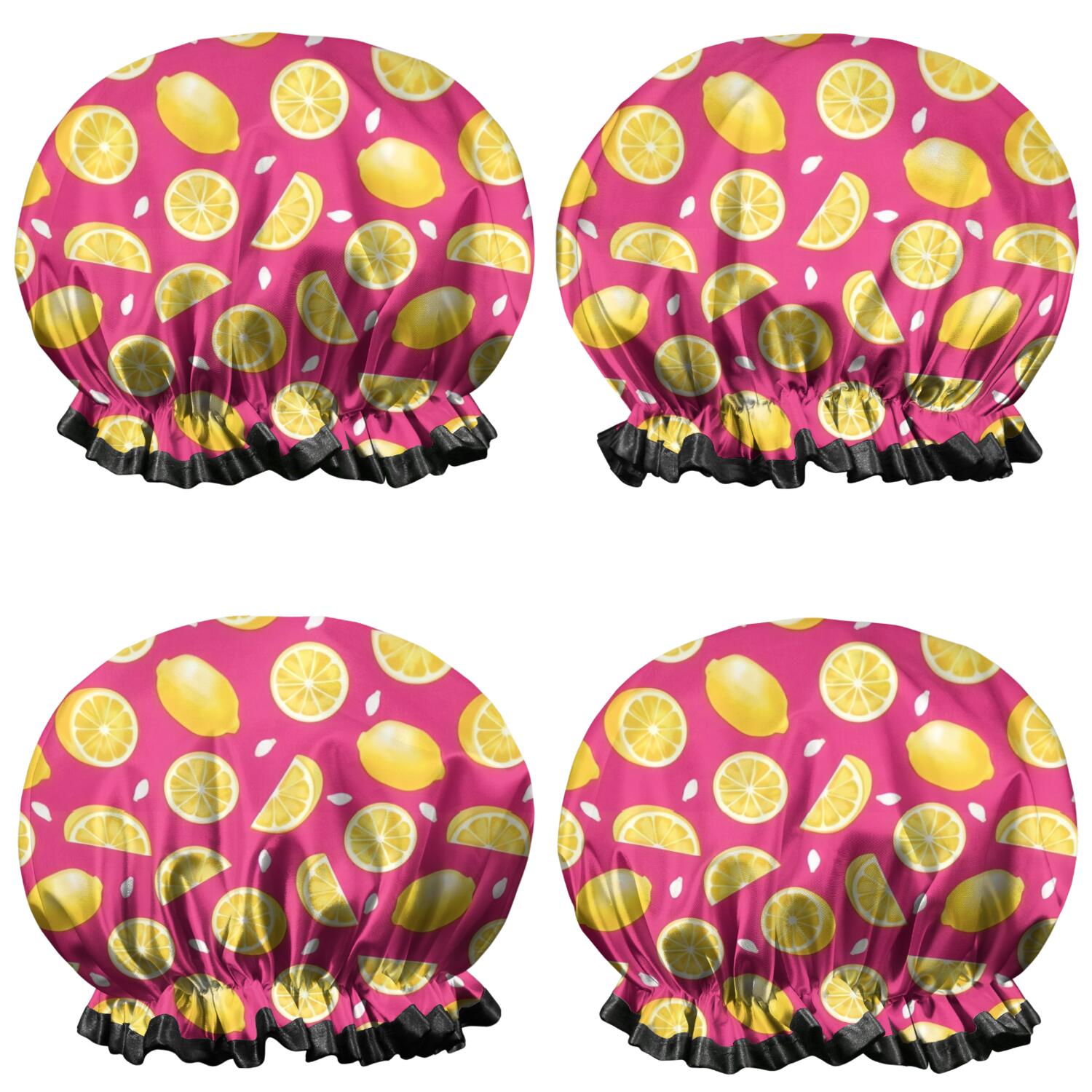 Shower Caps,Yellow Lemon Fruit Slices Pink Pattern Waterproof Shower Cap for Women 4 Pieces,Double Reusable Hair Cover for Shower PEVA Elastic Stretch Hem
