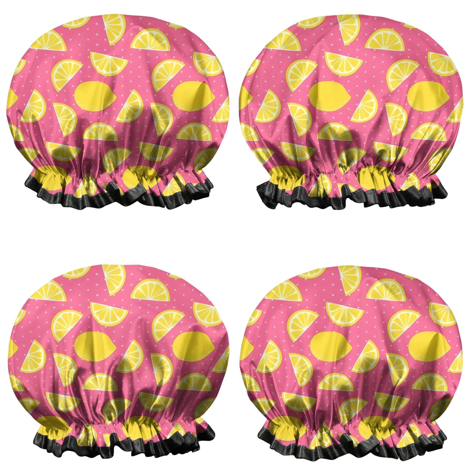 Shower Caps,Yellow Lemon Fruit Slices Pink Pattern Waterproof Shower Cap for Women 4 Pieces,Double Reusable Hair Cover for Shower PEVA Elastic Stretch Hem