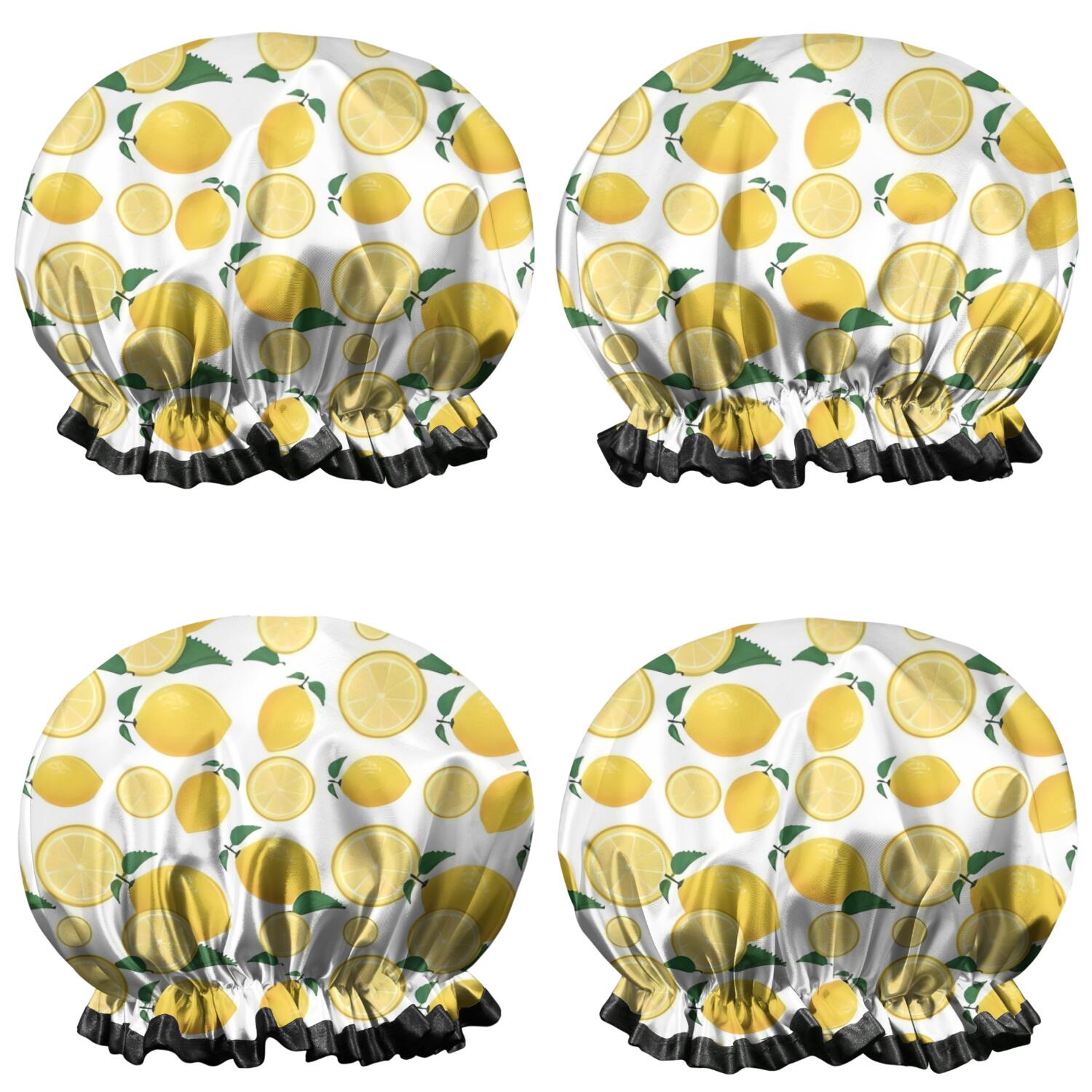Shower Caps,Yellow Lemon Fruit Slices White Pattern Waterproof Shower Cap for Women 4 Pieces,Double Reusable Hair Cover for Shower PEVA Elastic Stretch Hem