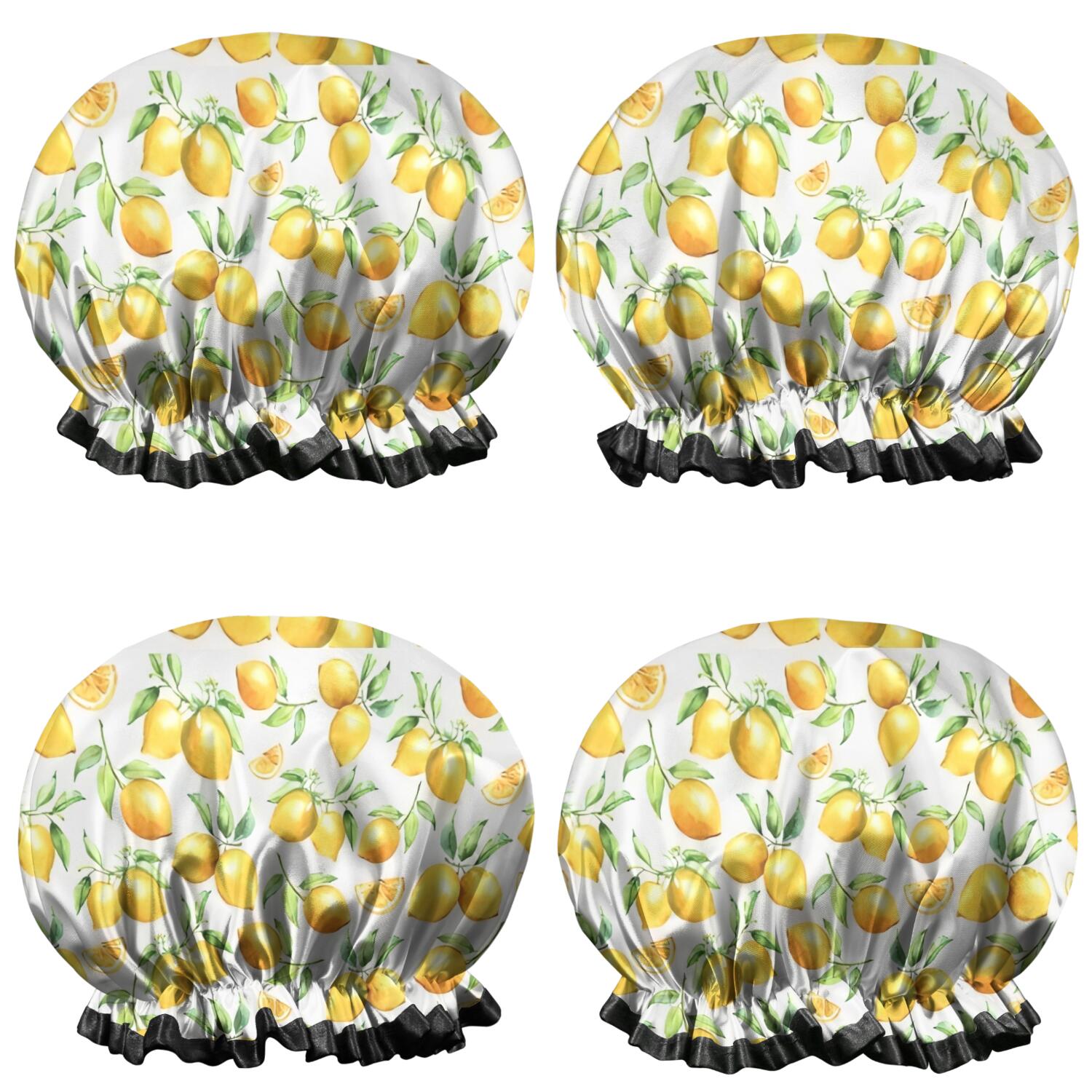 Shower Caps,Yellow Lemon Fruit Slices White Pattern Waterproof Shower Cap for Women 4 Pieces,Double Reusable Hair Cover for Shower PEVA Elastic Stretch Hem