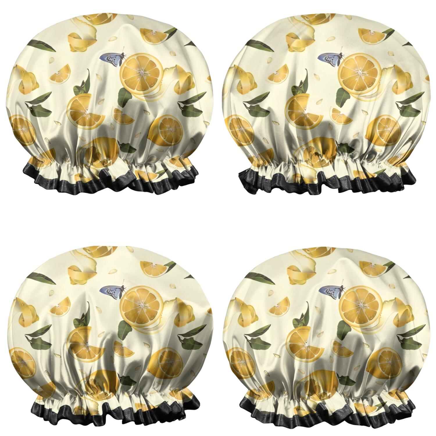 Shower Caps,Yellow Lemon Fruit Slices White Pattern Waterproof Shower Cap for Women 4 Pieces,Double Reusable Hair Cover for Shower PEVA Elastic Stretch Hem