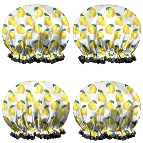 Shower Caps,Yellow Lemon Fruit Slices White Pattern Waterproof Shower Cap for Women 4 Pieces,Double Reusable Hair Cover for Shower PEVA Elastic Stretch Hem