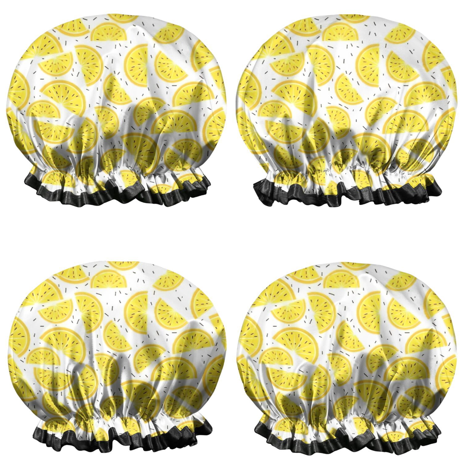 Shower Caps,Yellow Lemon Fruit Slices White Pattern Waterproof Shower Cap for Women 4 Pieces,Double Reusable Hair Cover for Shower PEVA Elastic Stretch Hem