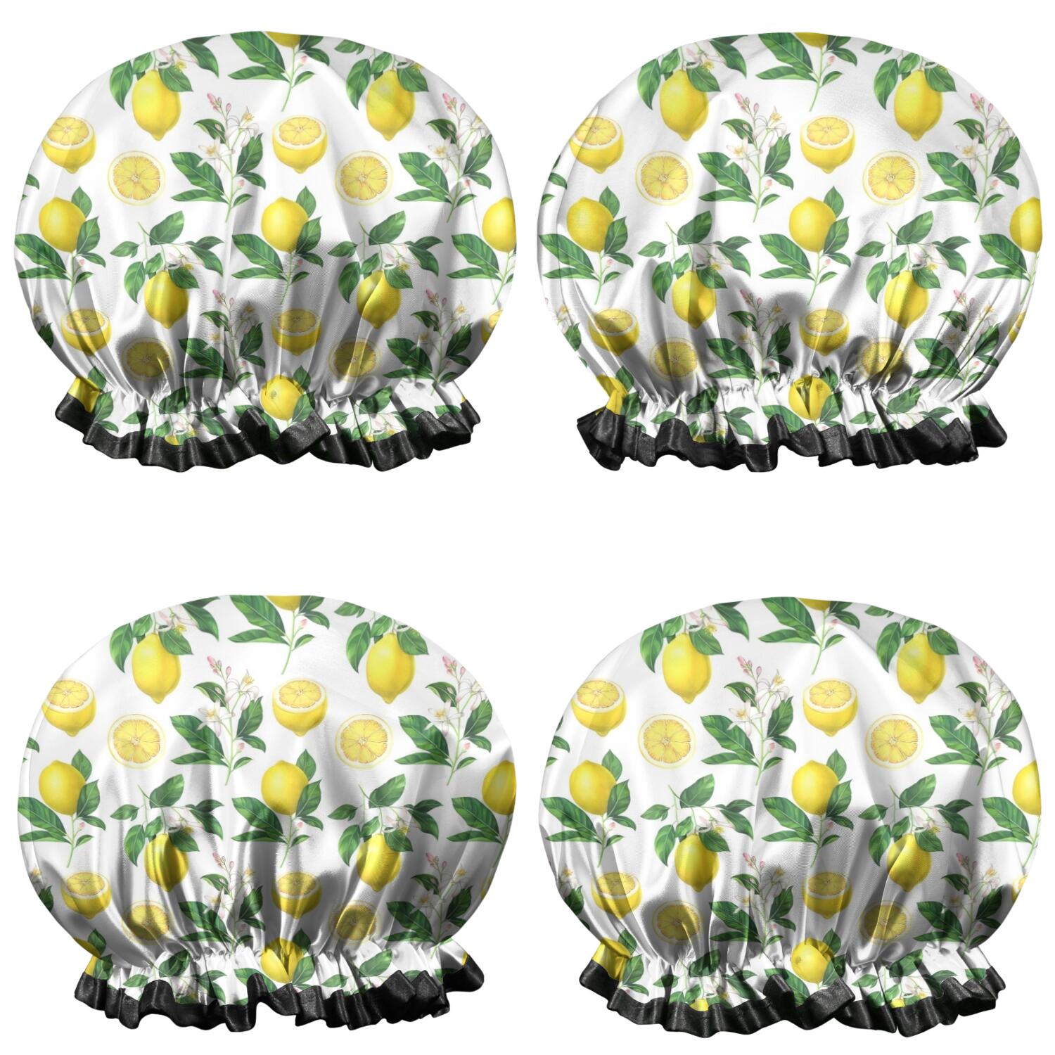 Shower Caps,Yellow Lemon Fruit Slices White Pattern Waterproof Shower Cap for Women 4 Pieces,Double Reusable Hair Cover for Shower PEVA Elastic Stretch Hem