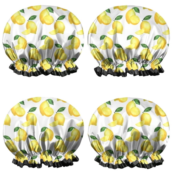 Shower Caps,Yellow Lemon Fruit Slices White Pattern Waterproof Shower Cap for Women 4 Pieces,Double Reusable Hair Cover for Shower PEVA Elastic Stretch Hem