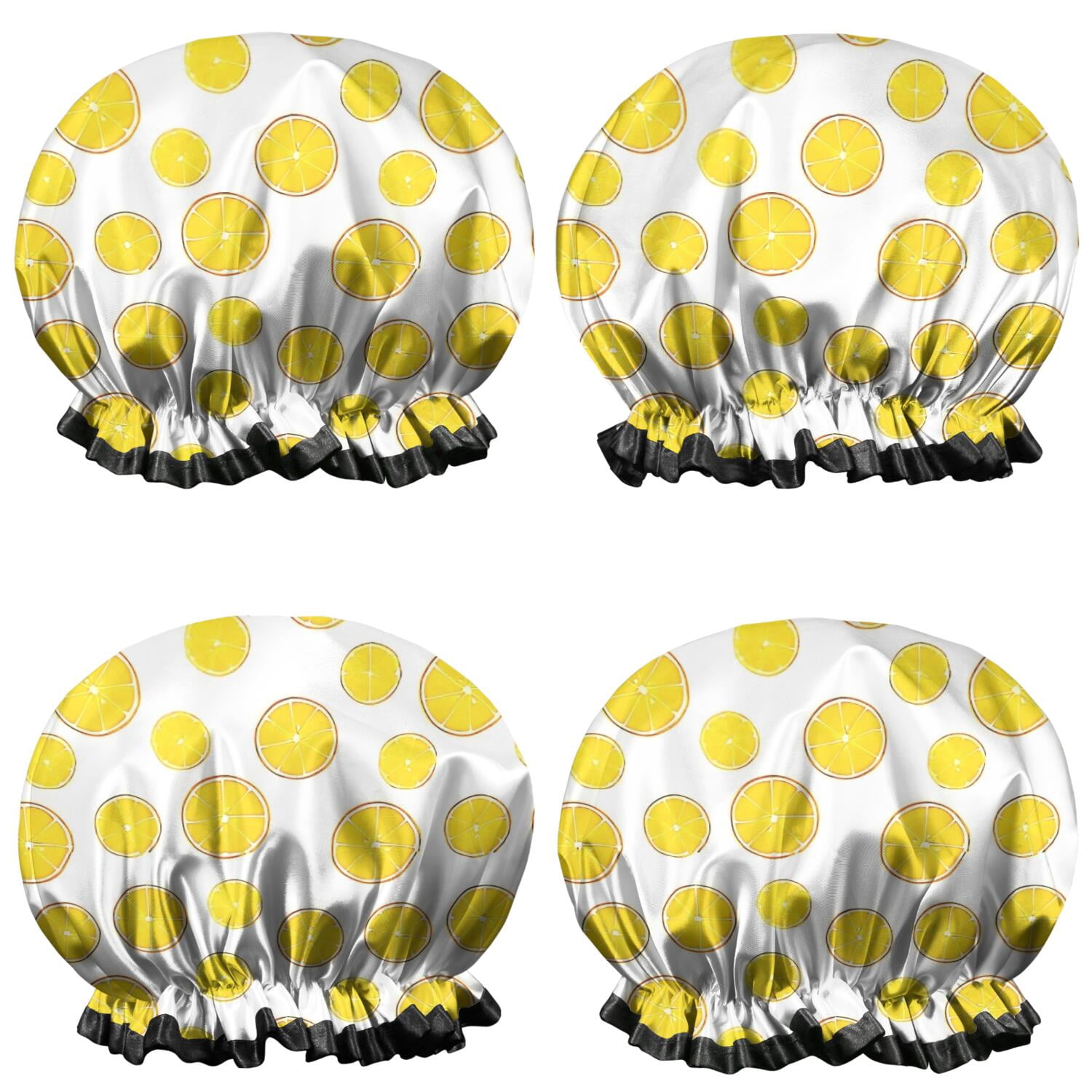 Shower Caps,Yellow Lemon Fruit Slices White Pattern Waterproof Shower Cap for Women 4 Pieces,Double Reusable Hair Cover for Shower PEVA Elastic Stretch Hem