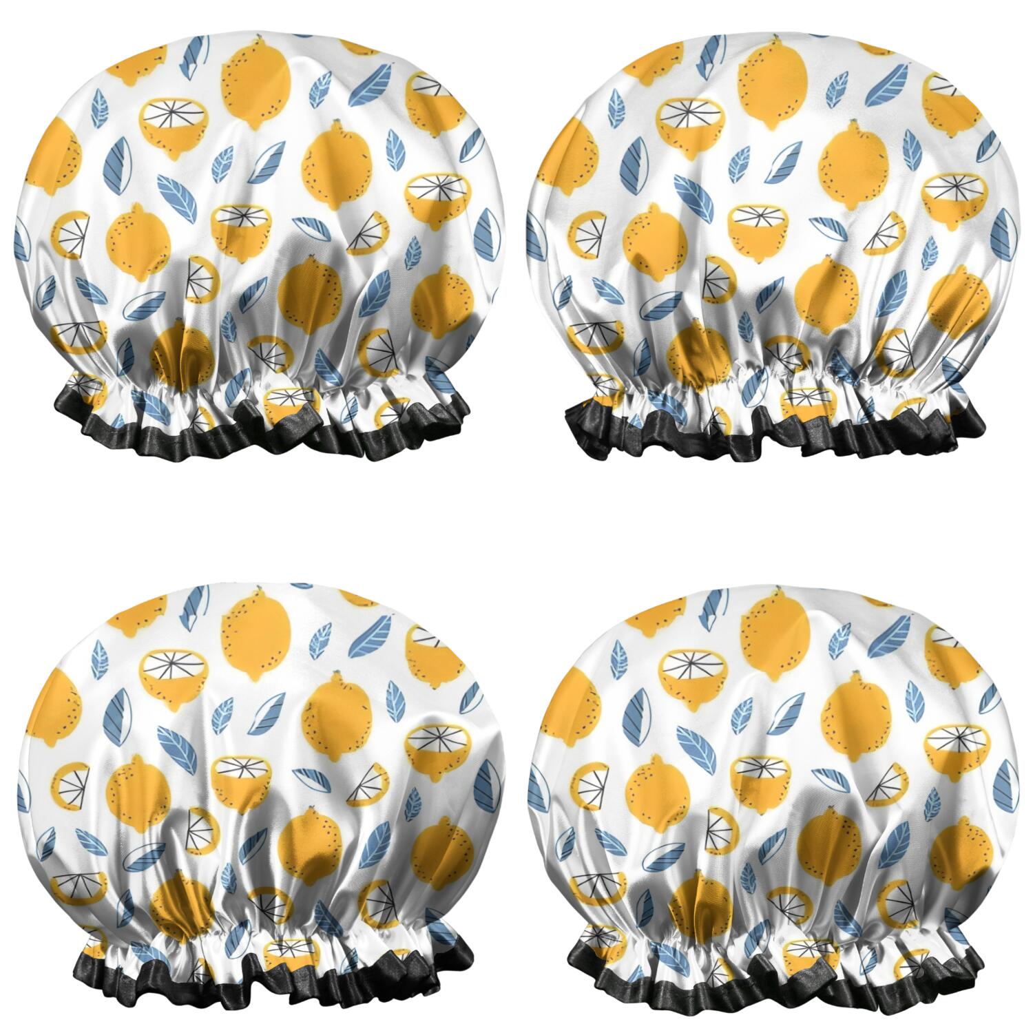 Shower Caps,Yellow Lemon Fruit Slices White Pattern Waterproof Shower Cap for Women 4 Pieces,Double Reusable Hair Cover for Shower PEVA Elastic Stretch Hem