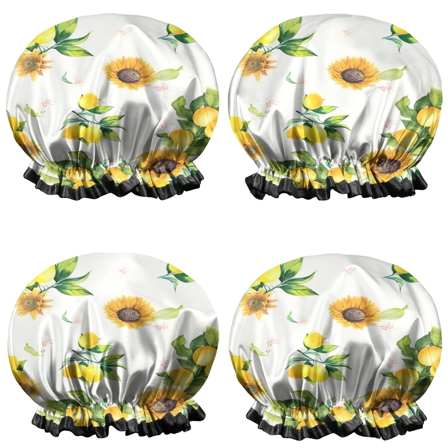 Shower Caps,Yellow Lemon Fruit Sunflowers White Pattern Waterproof Shower Cap for Women 4 Pieces,Double Reusable Hair Cover for Shower PEVA Elastic Stretch Hem