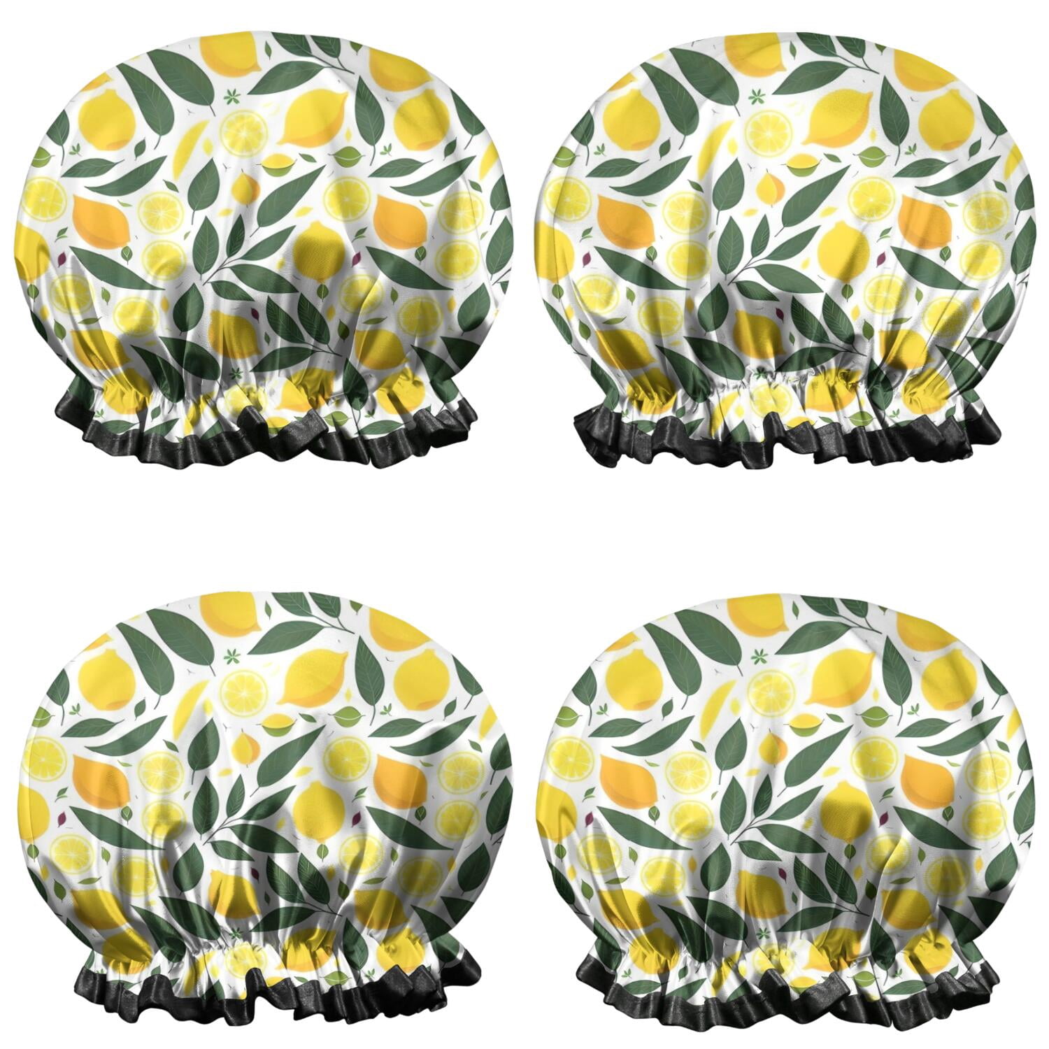 Shower Caps,Yellow Lemon Fruits GreenLeaves Pattern Waterproof Shower Cap for Women 4 Pieces,Double Reusable Hair Cover for Shower PEVA Elastic Stretch Hem