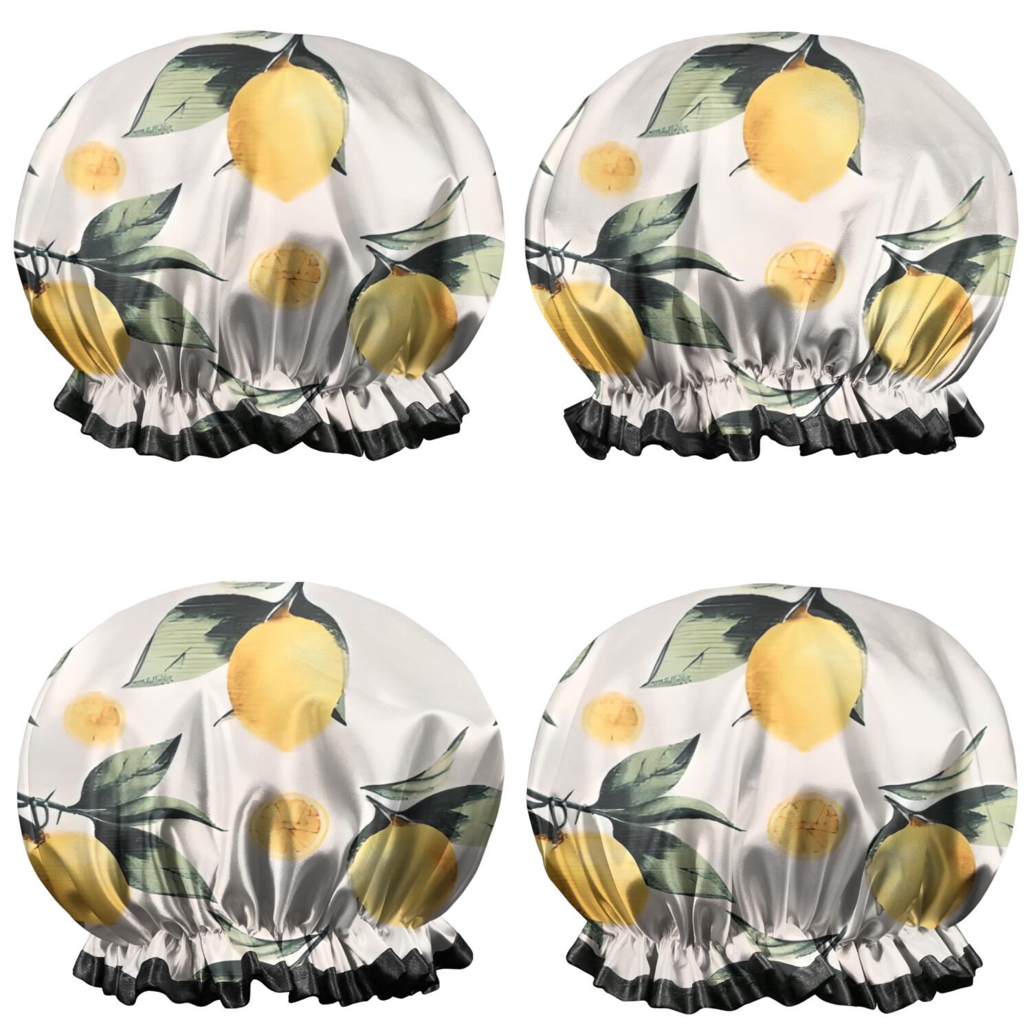 Shower Caps,Yellow Lemon Fruits White Pattern Waterproof Shower Cap for Women 4 Pieces,Double Reusable Hair Cover for Shower PEVA Elastic Stretch Hem